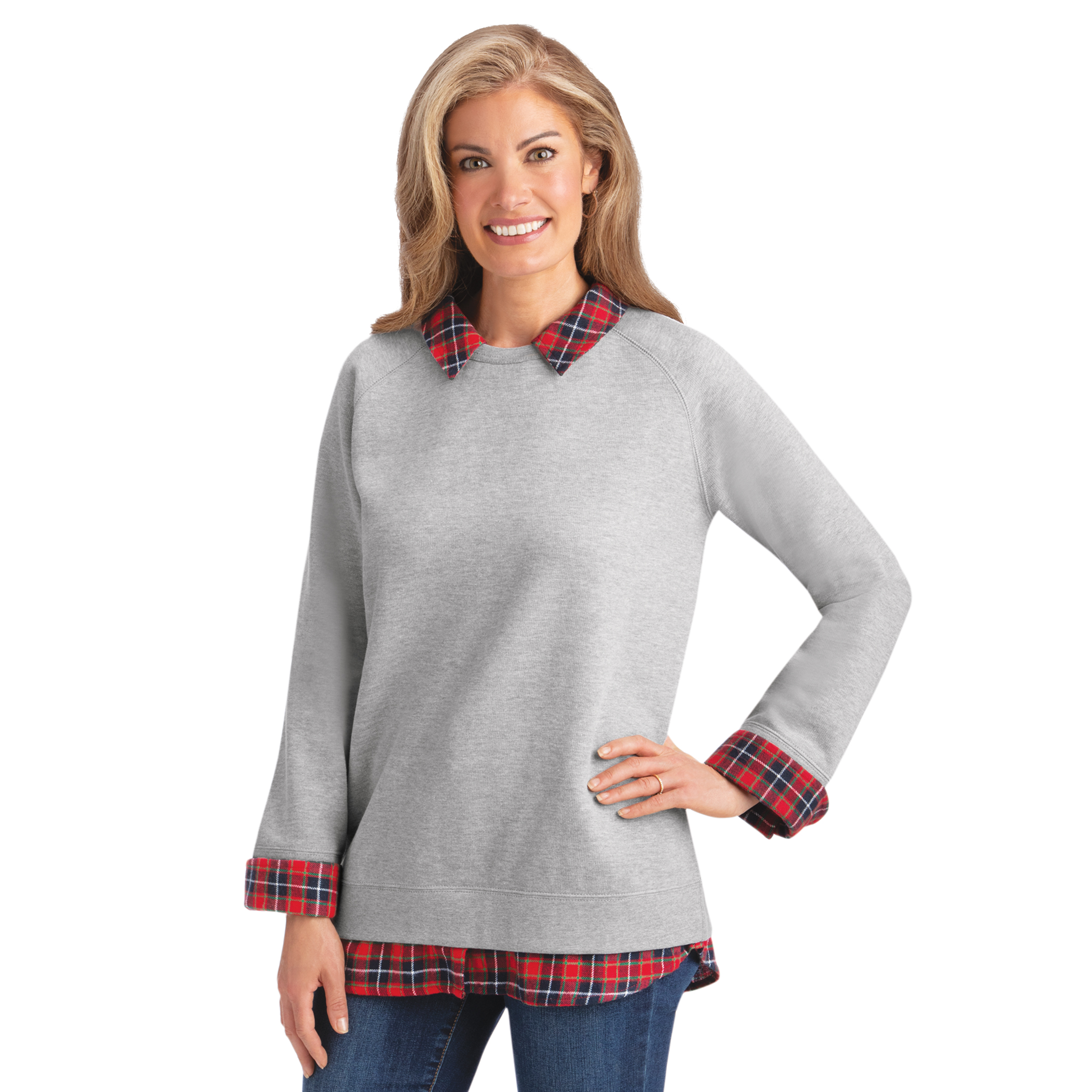 Long Sleeve Fleece and Flannel Layered Look Top XX-Large Womens Grey