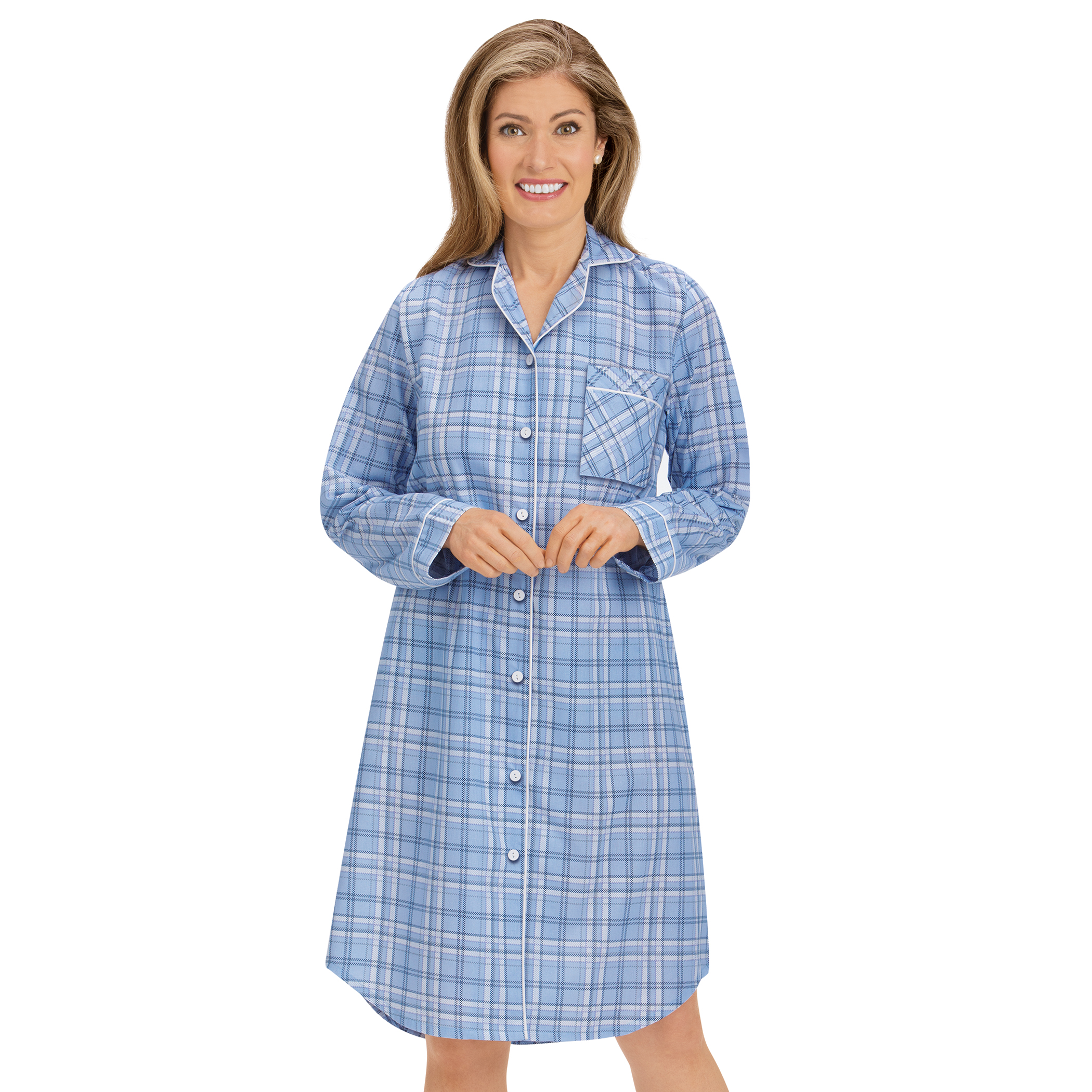 Plaid Woven Button Front Long Sleeve Nightshirt