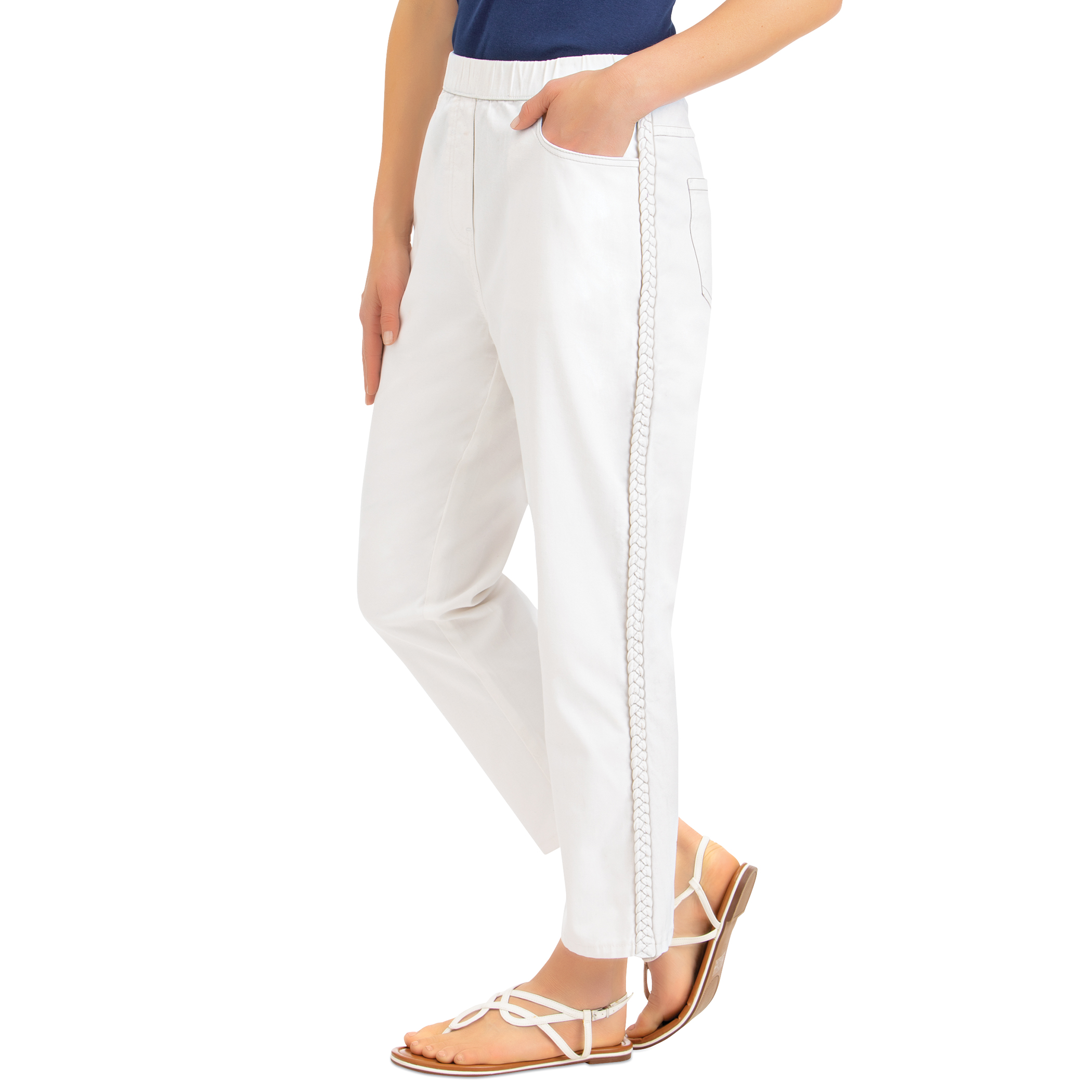 Comfy Braid Trim Denim Elasticized Waist Capris