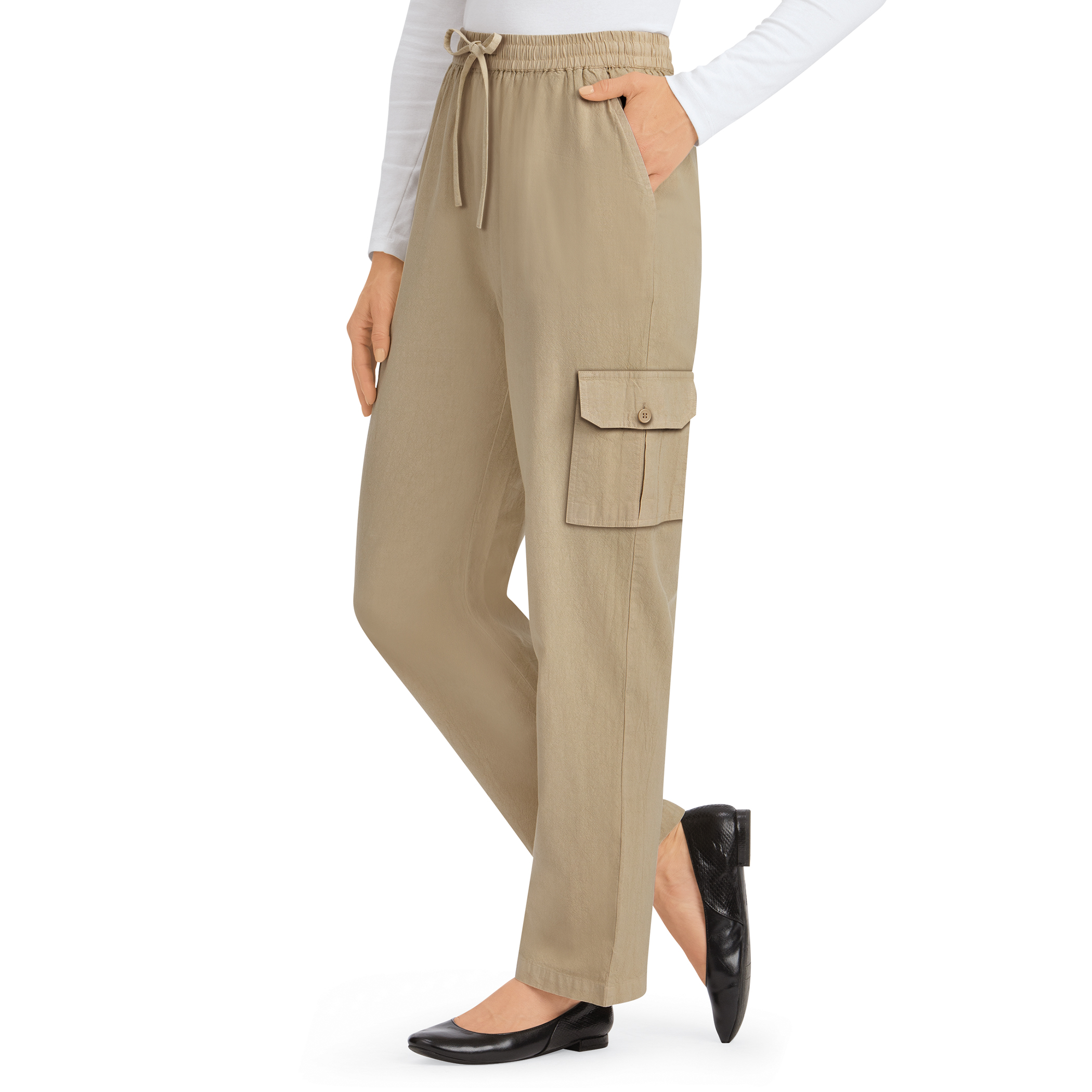 Women's Comfortable Double Cargo Pocket Elasticized Drawstring Pants Khaki Medium