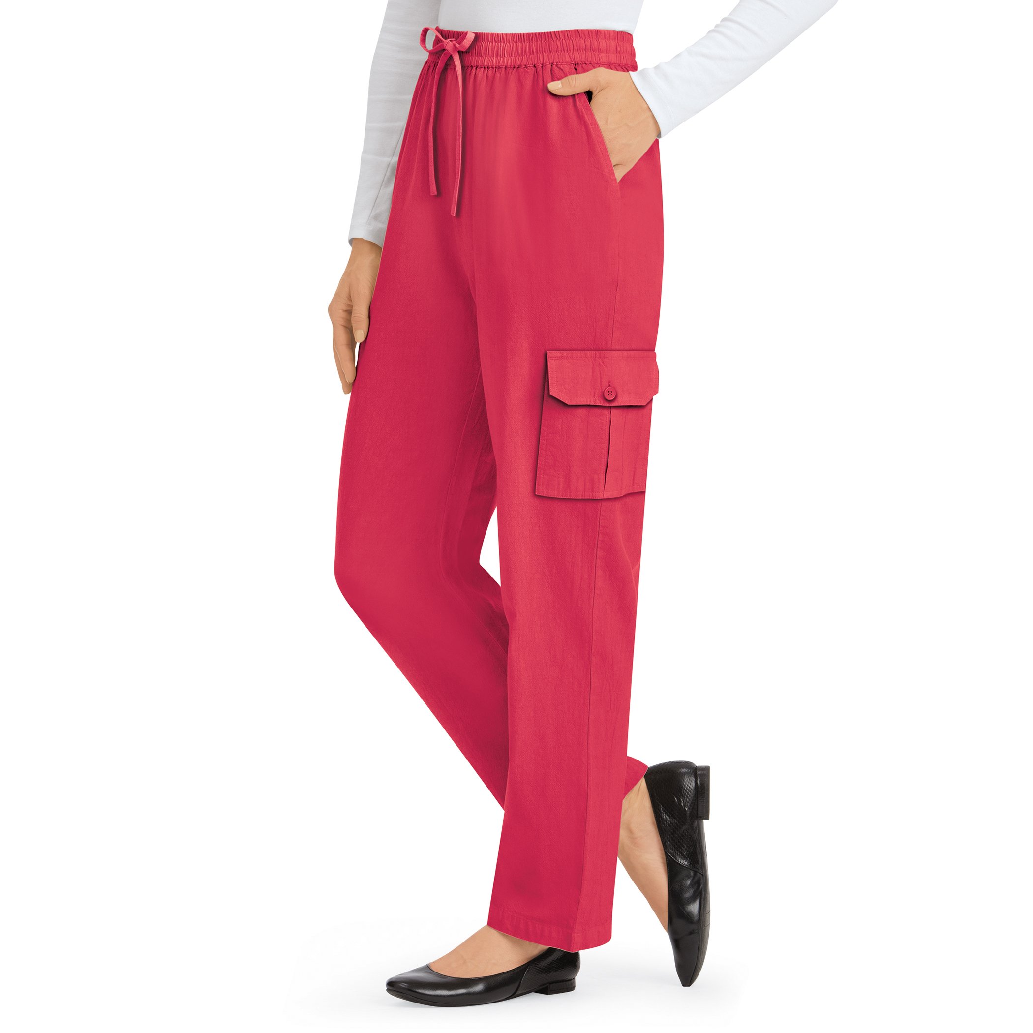 Women's Comfortable Double Cargo Pocket Elasticized Drawstring Pants Red Medium