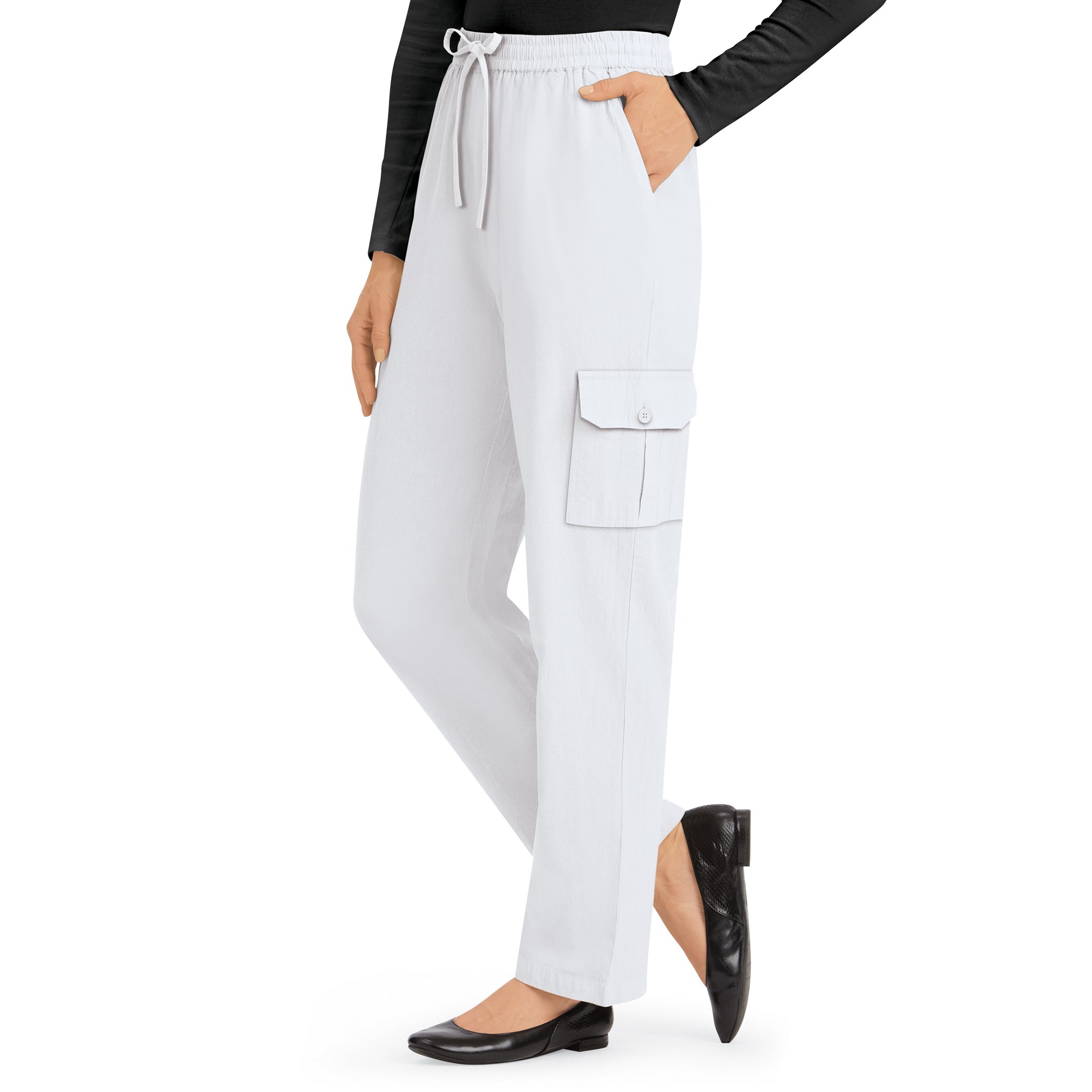 Women's Comfortable Double Cargo Pocket Elasticized Drawstring Pants White Medium