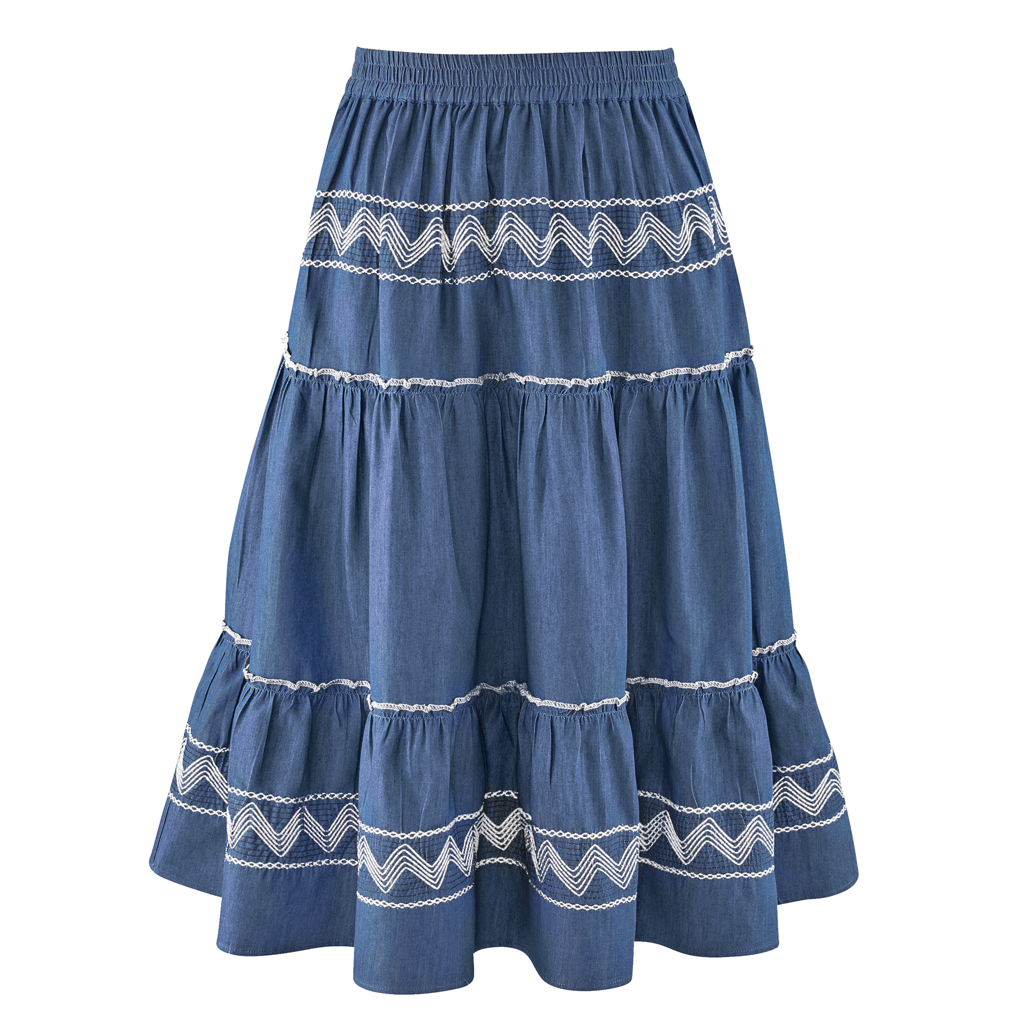 Stylish Embroidered Detail Tiered Denim Pull-On Skirt