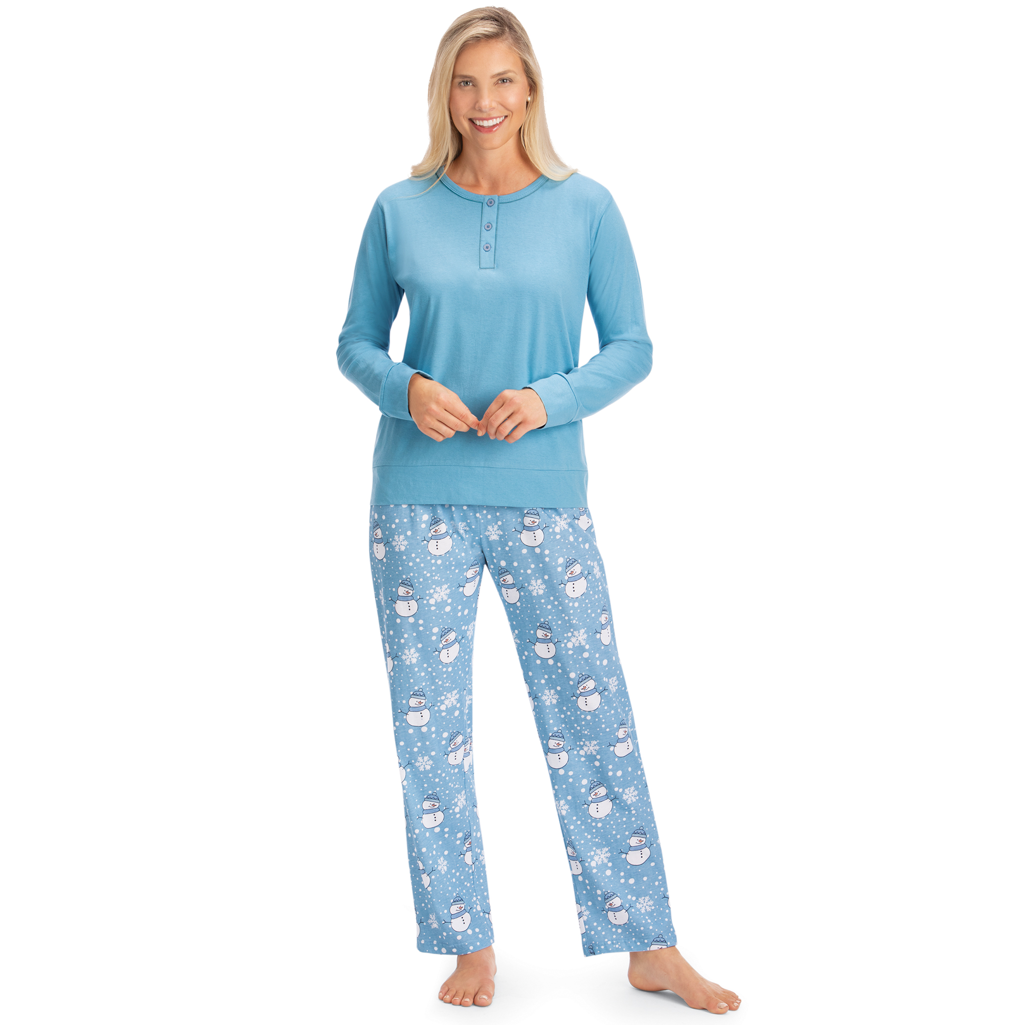 Jolly Snowmen Henley Style 2-Piece Pajama Set Medium Women Light Blue