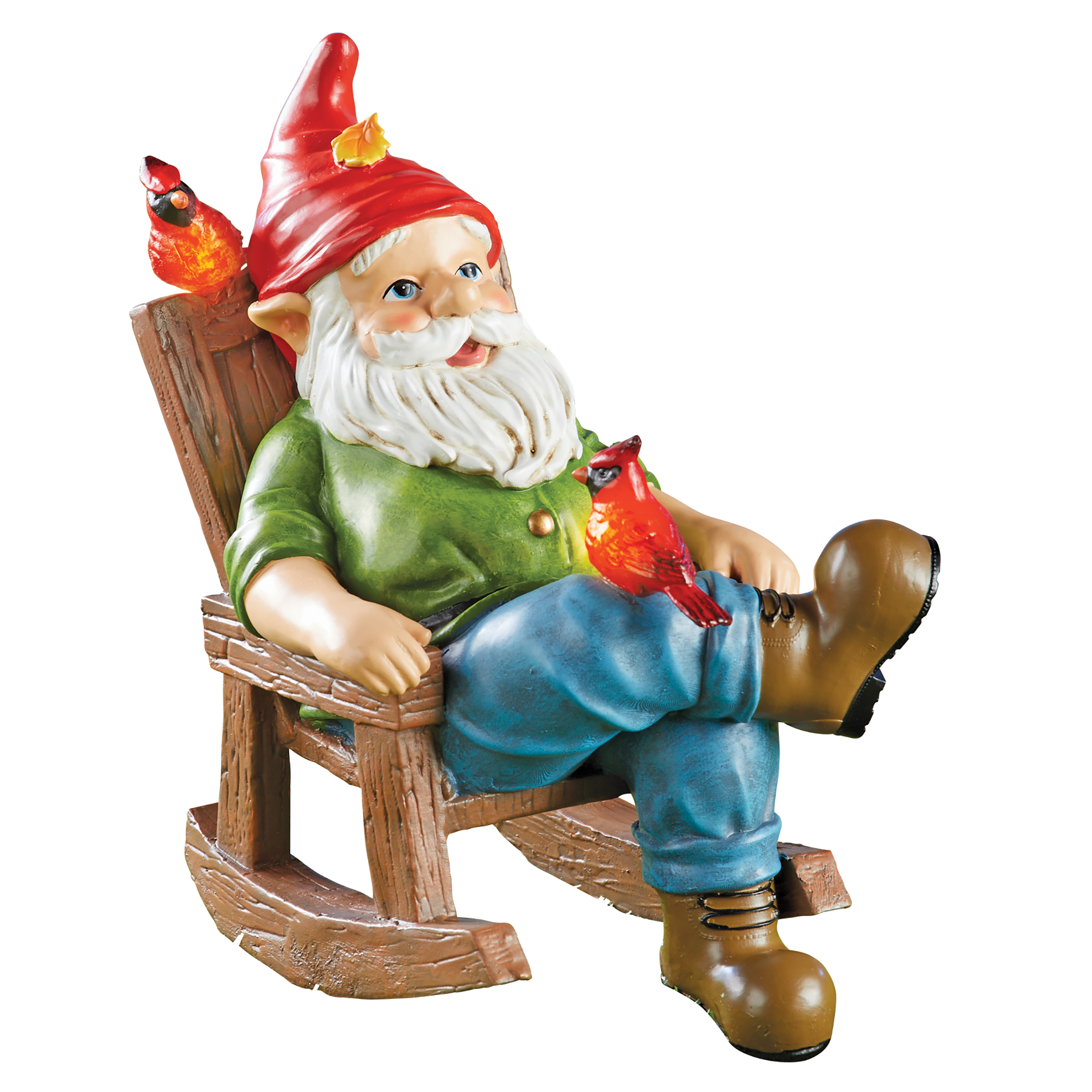Solar Powered Gnome in Rocking Chair Outdoor Garden Statue