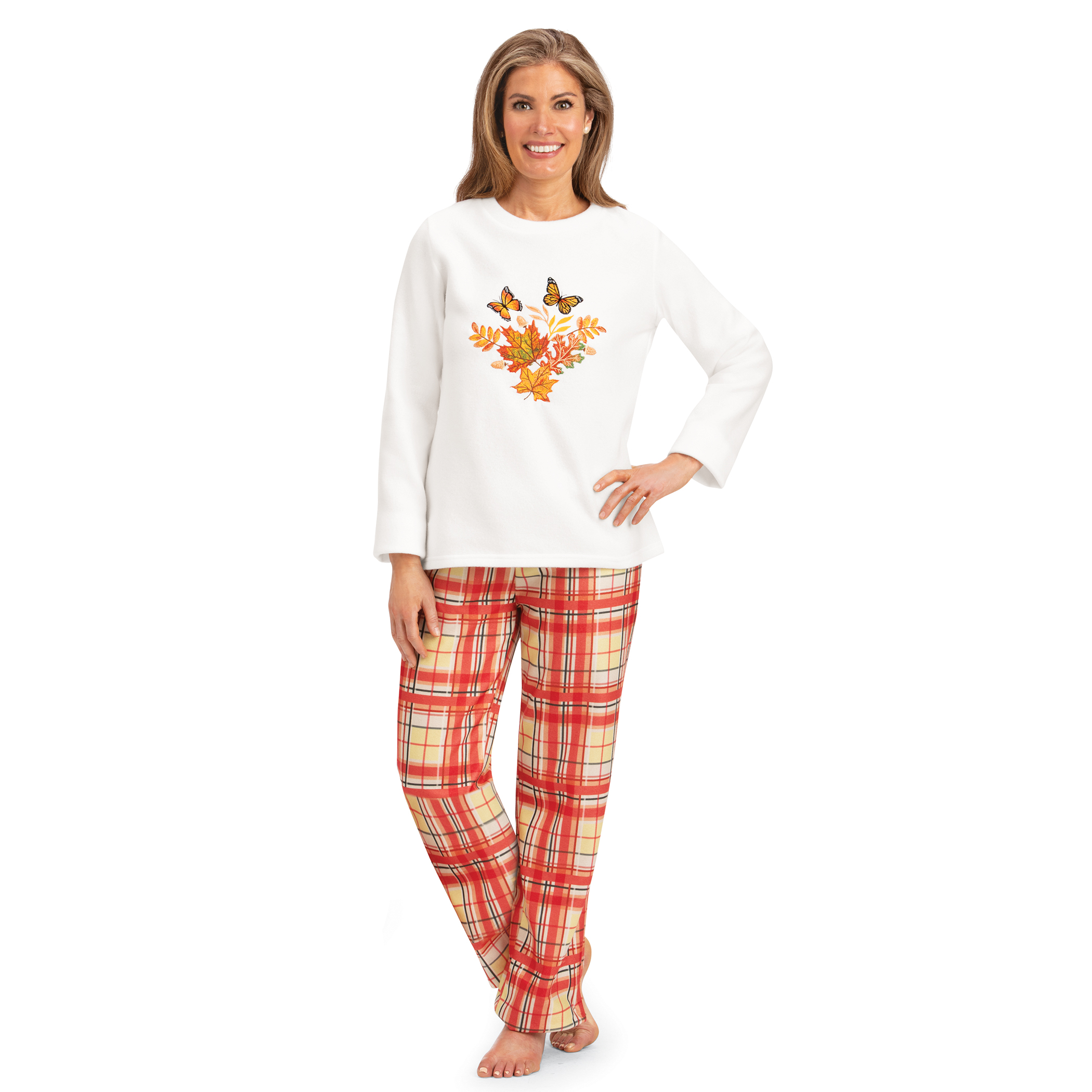 Women's 2-Piece Embroidered Butterfly & Plaid Pajama Set ivory multi XX-Large