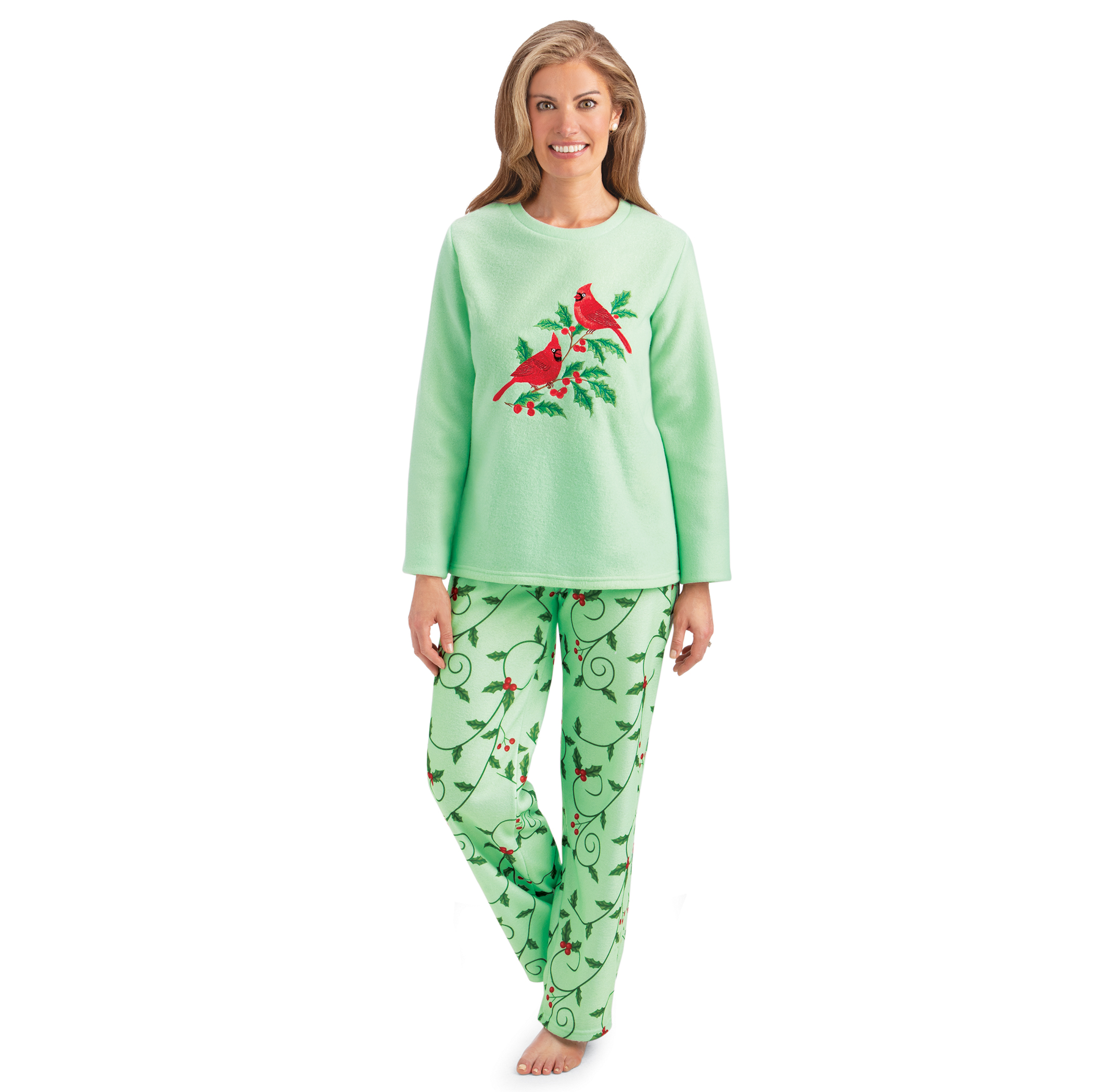 Cozy Embroidered Cardinal Sage Green 2-Piece Pajama Set XX-Large Women Sage
