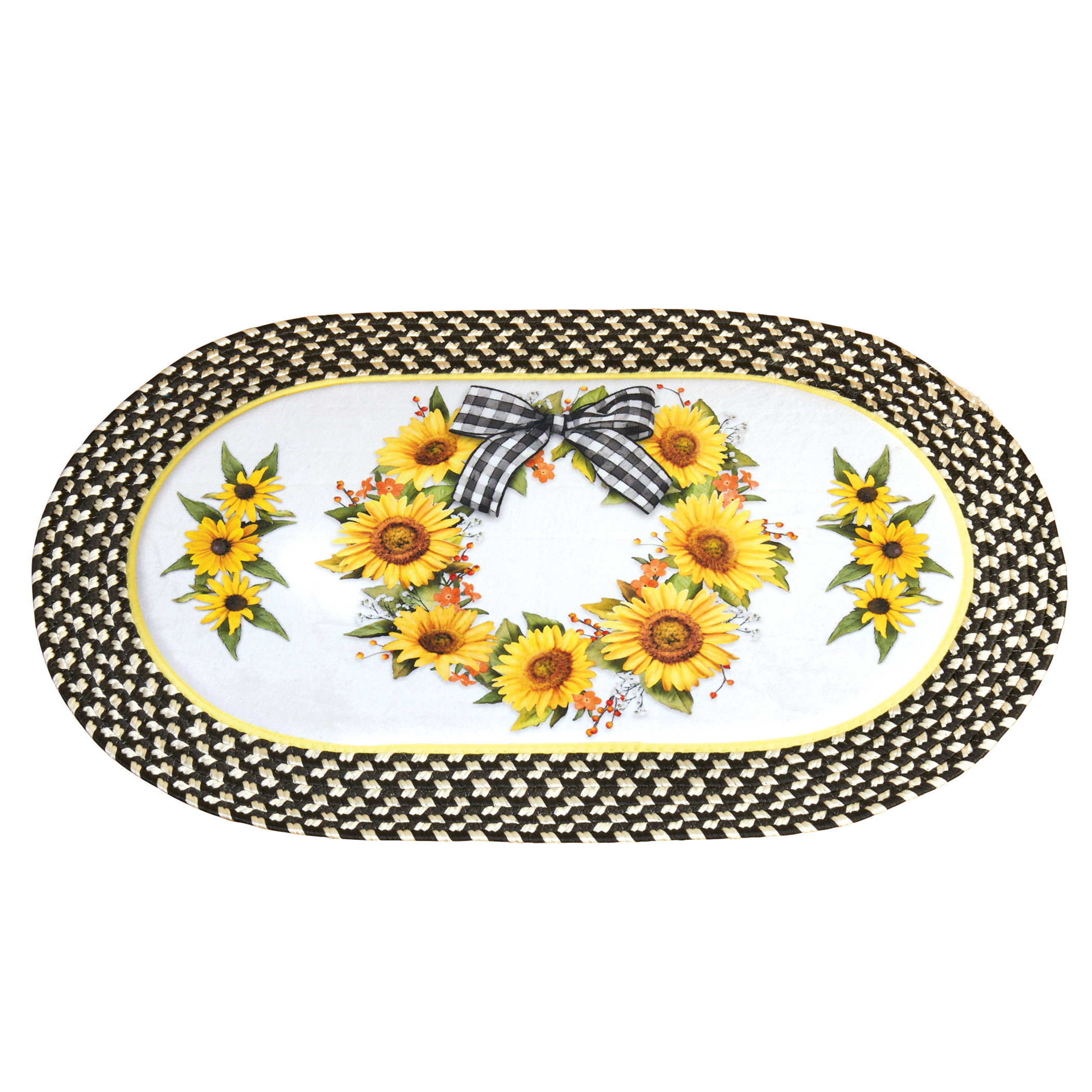 Sunflower Wreath Gingham Border Farmhouse Braided Accent Rug