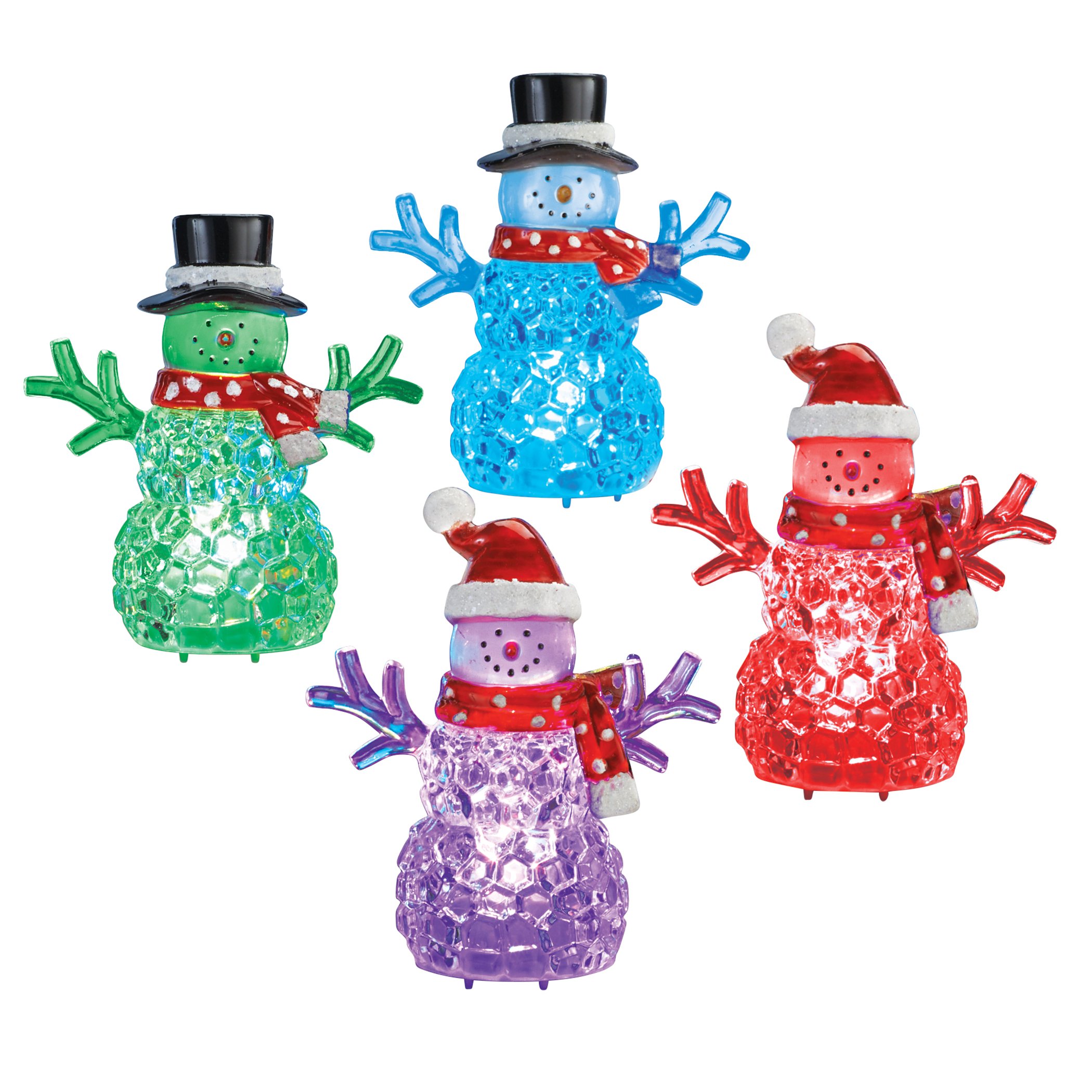 Festive LED Lighted Color-Changing Snowmen - Set of 4 3.25 X 2 X 4