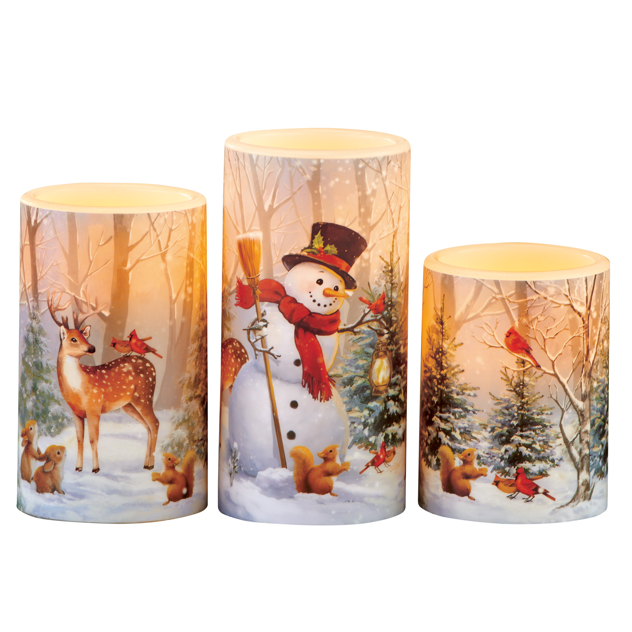 LED Lighted Winter Snowman and Friends Forest Scene 3-Piece Candle Set White