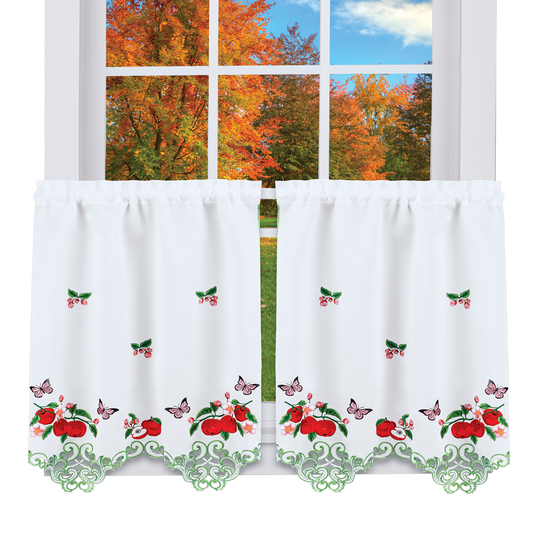 Embroidered Apples and Butterflies Tiered Kitchen Curtains