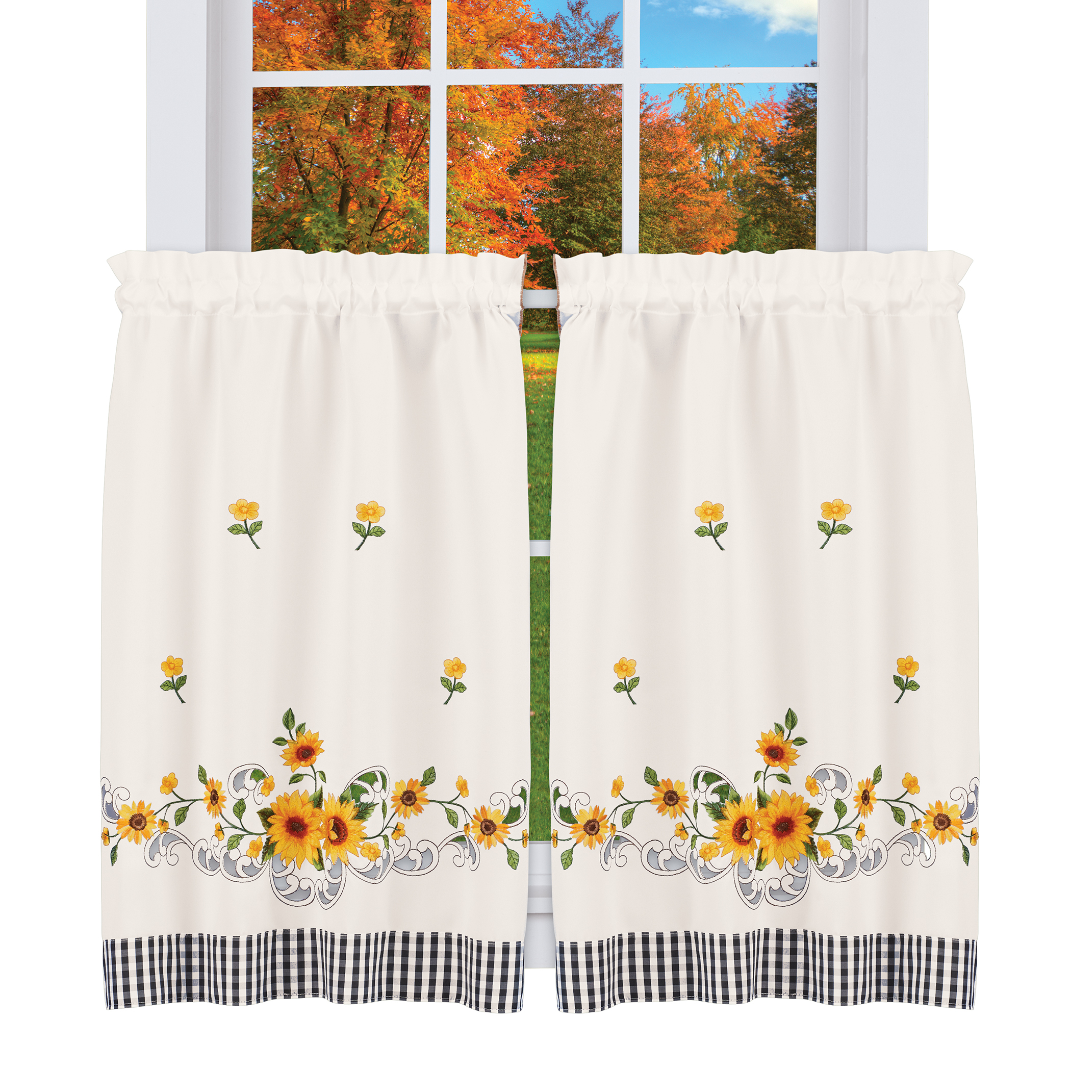 Embroidered Sunflowers Plaid Border Farmhouse Kitchen Curtains