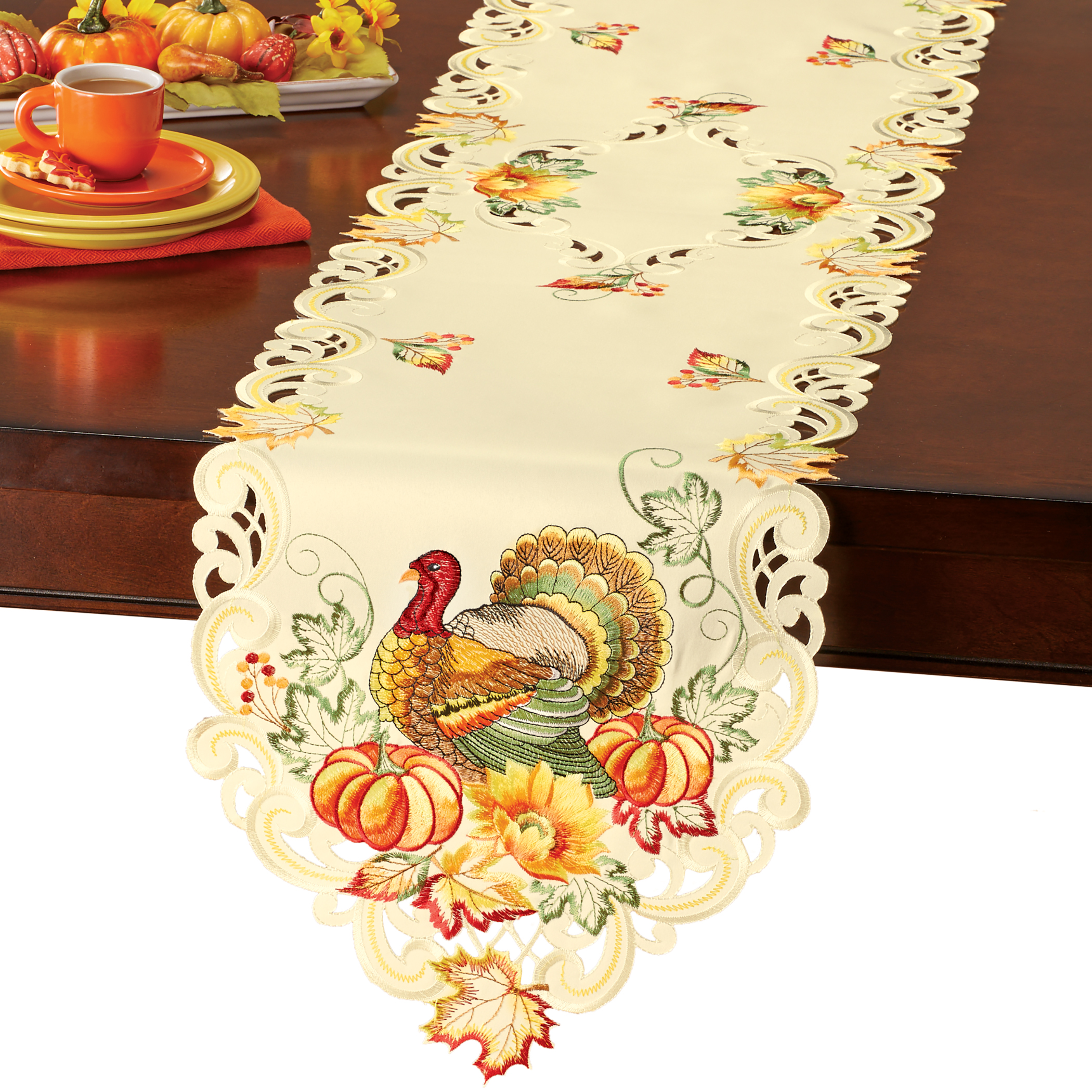 Embroidered Harvest Turkey Elegant Table Linen