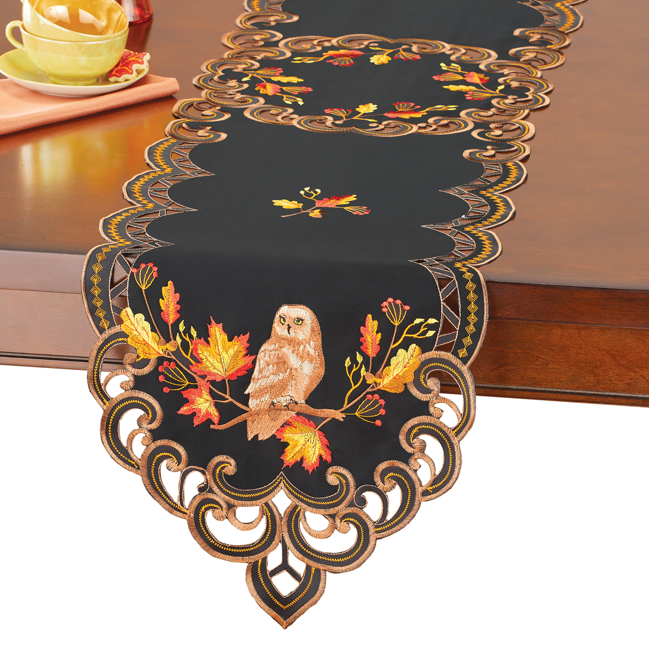 Embroidered Owl on Branches Fall Table Linens