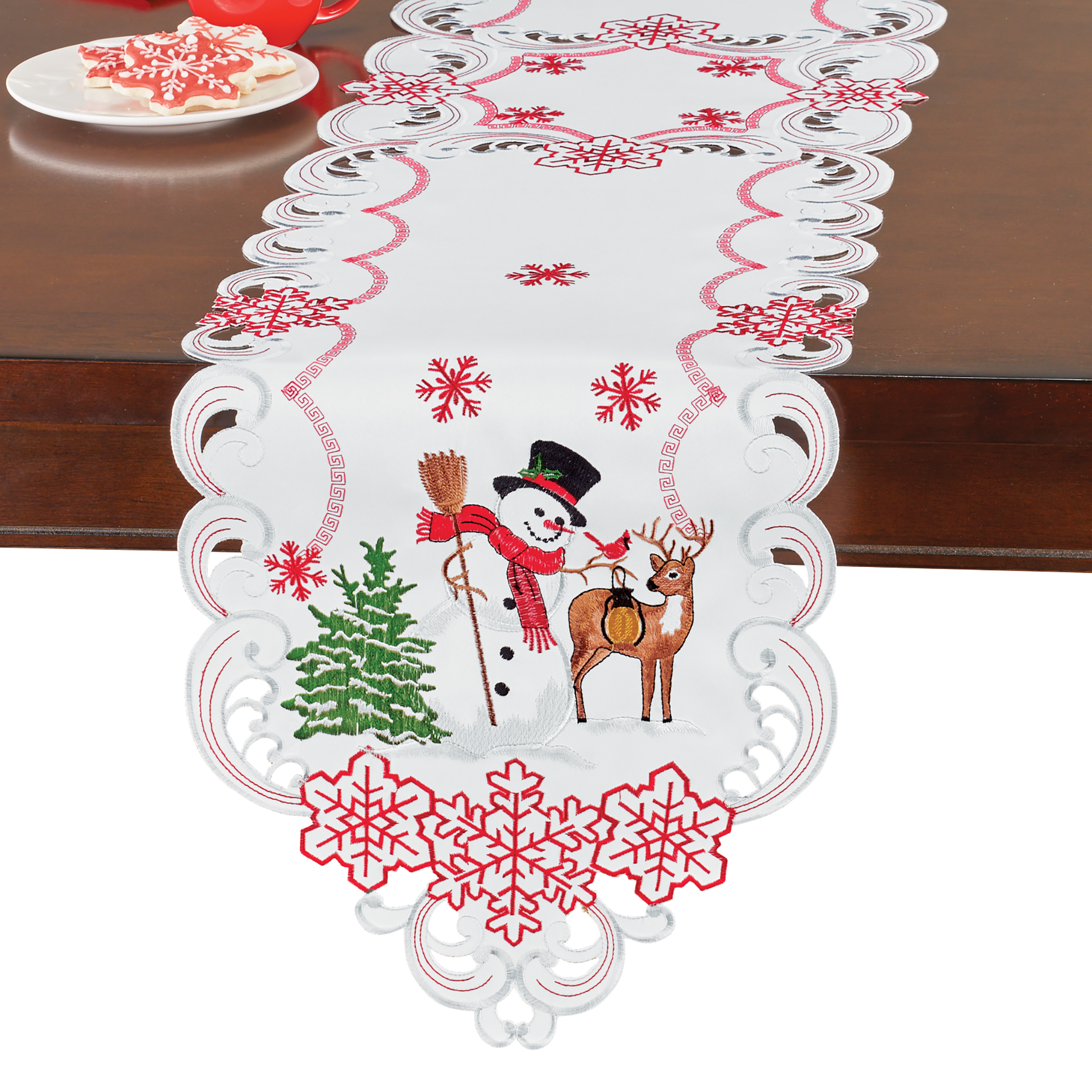 Embroidered Winter Snowman and Friends Forest Table Linens Runner White