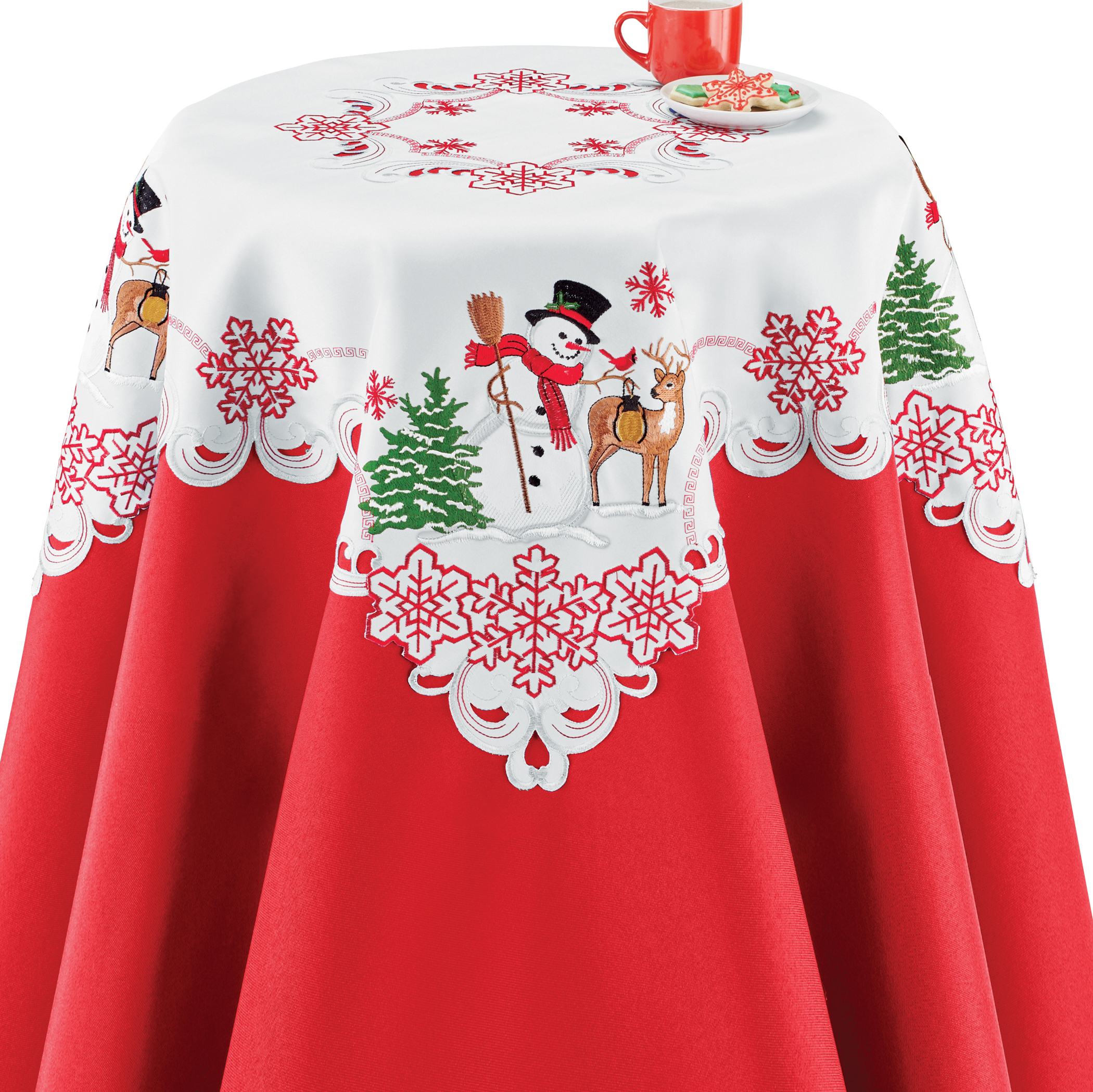 Embroidered Winter Snowman and Friends Forest Table Linens Square White