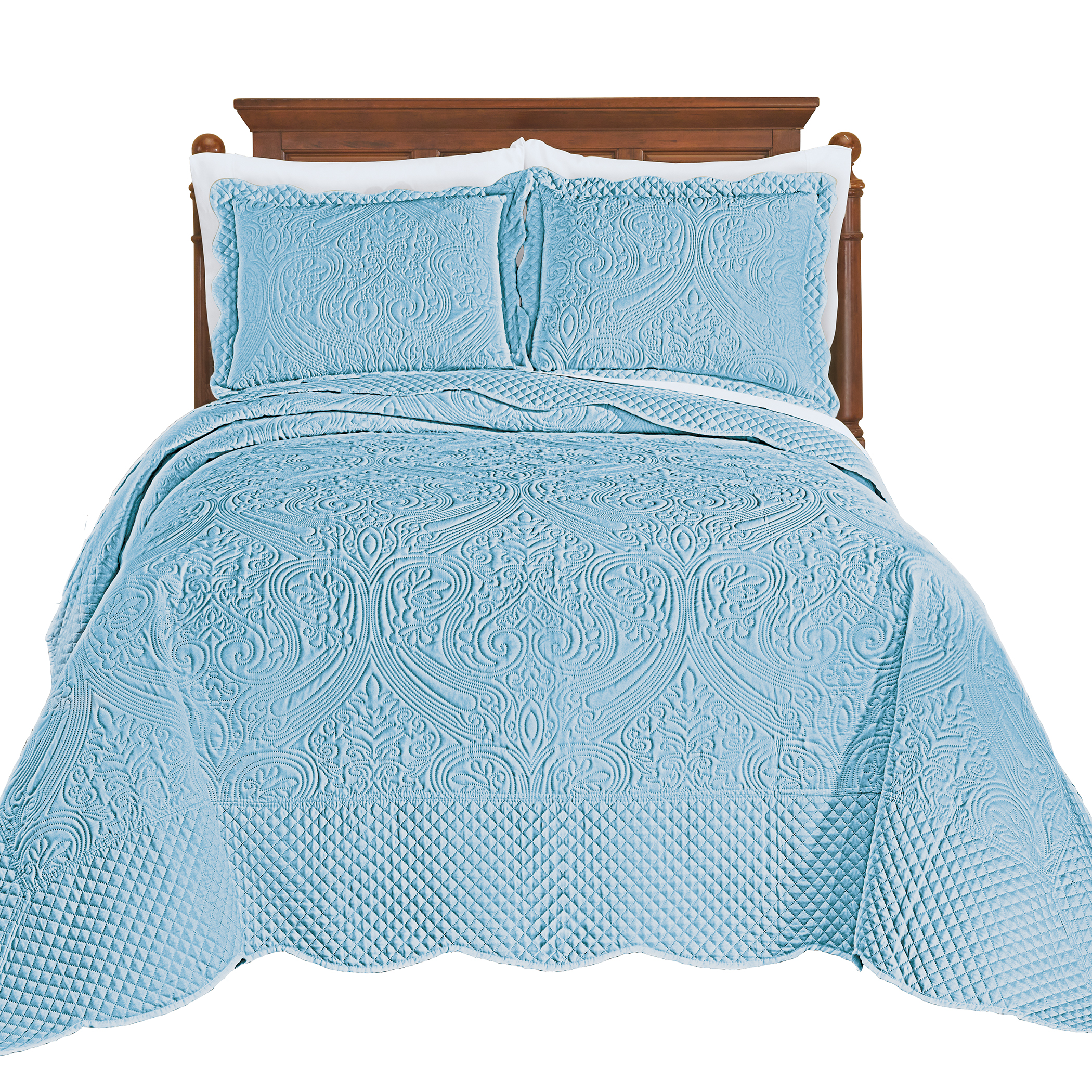 Luxe Textured Diamond Design Scalloped Edge Oversize Bedspread King Gender Neutral Blue