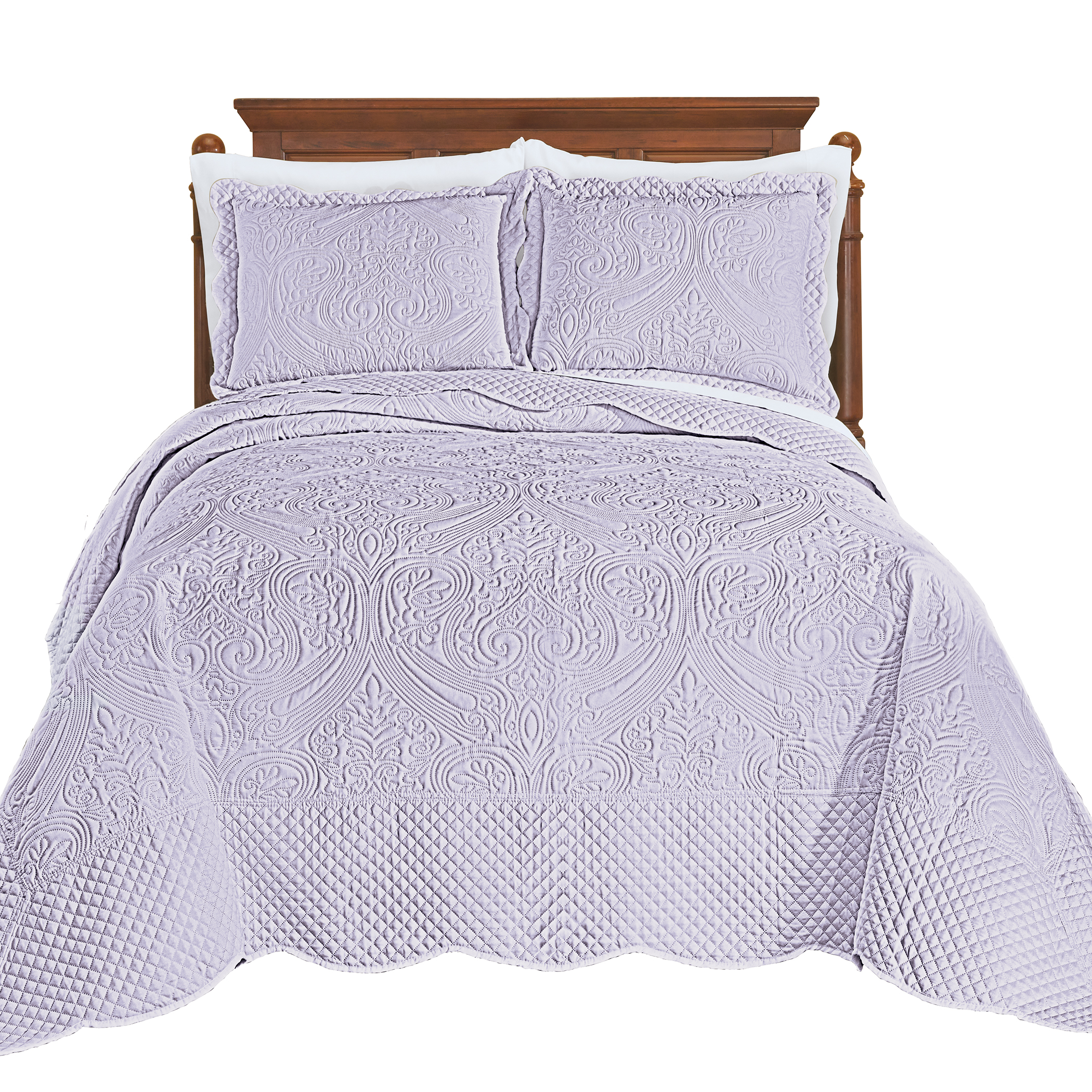 Luxe Textured Diamond Design Scalloped Edge Oversize Bedspread Queen Gender Neutral Lavender