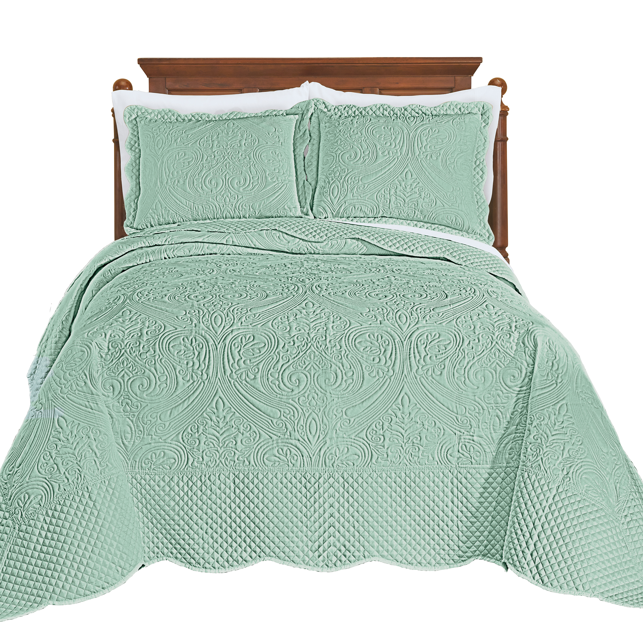 Luxe Textured Diamond Design Scalloped Edge Oversize Bedspread Queen Gender Neutral seaglass