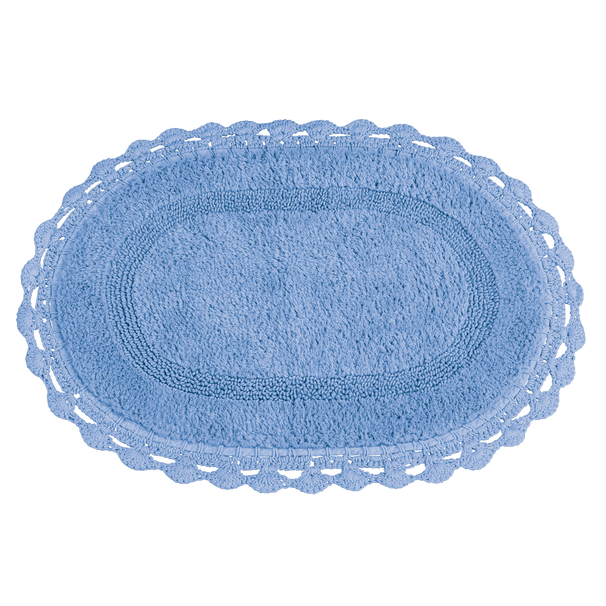 Intricate Crochet Border Plush Bathmat Oval Blue