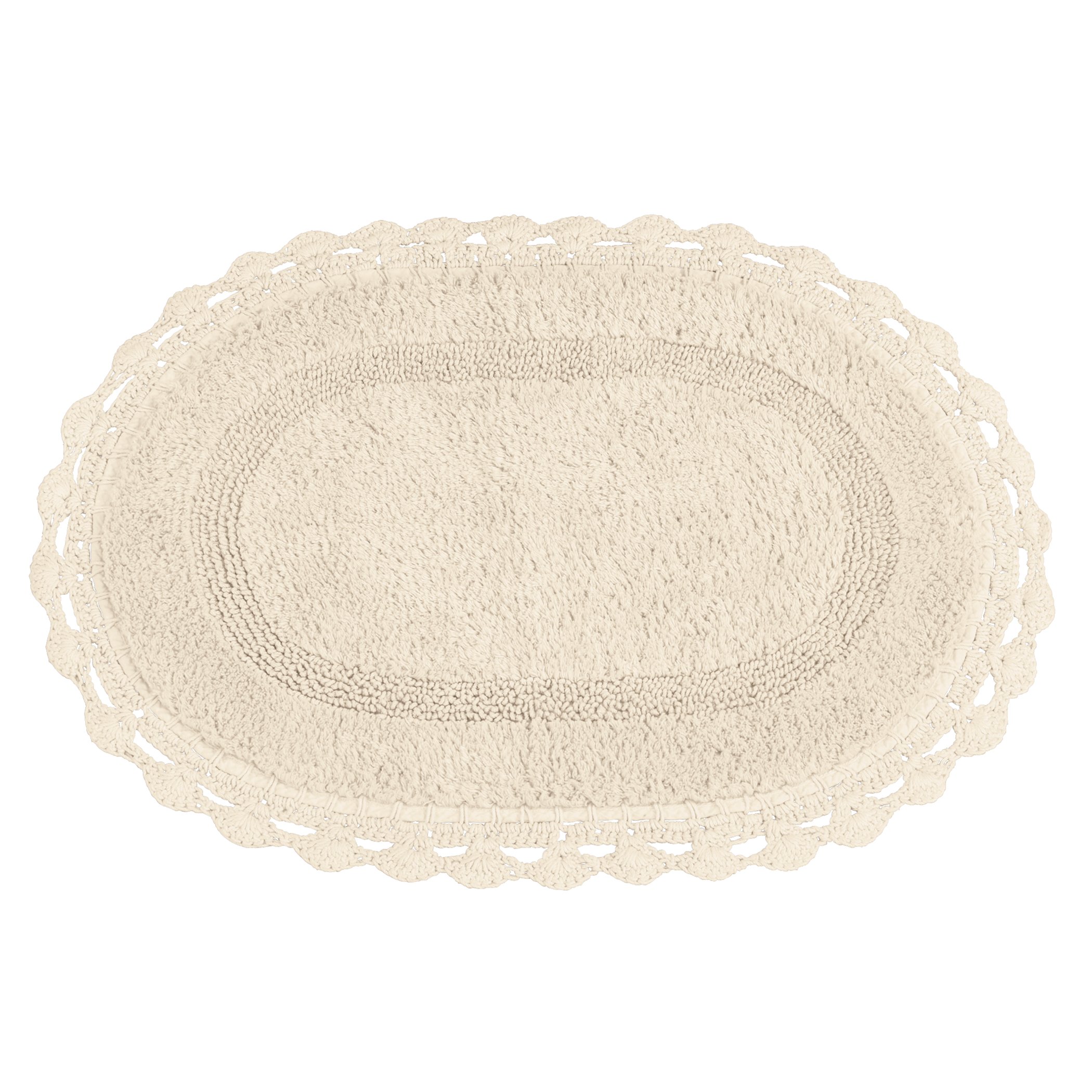 Intricate Crochet Border Plush Bathmat Oval Cream