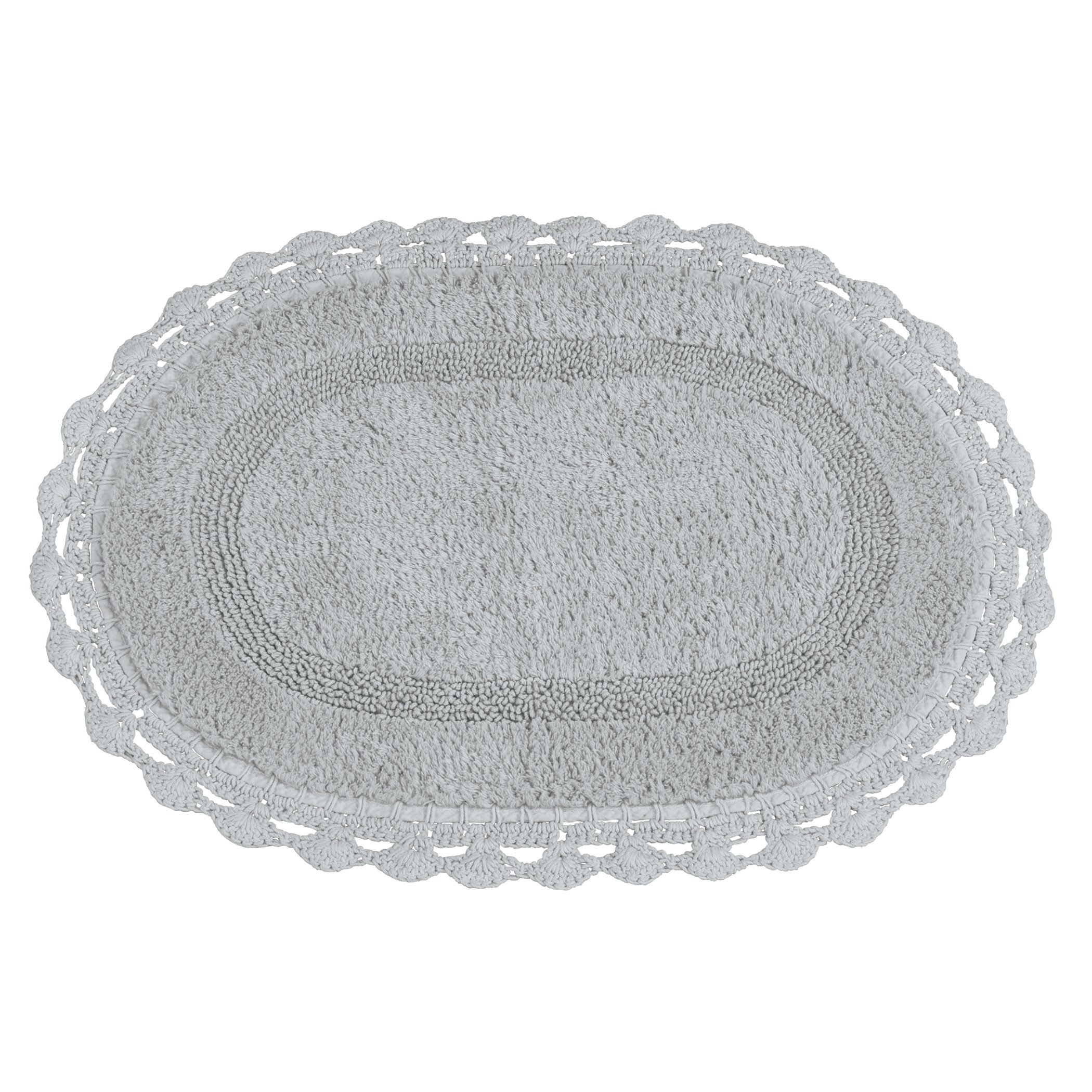 Intricate Crochet Border Plush Bathmat Oval Grey