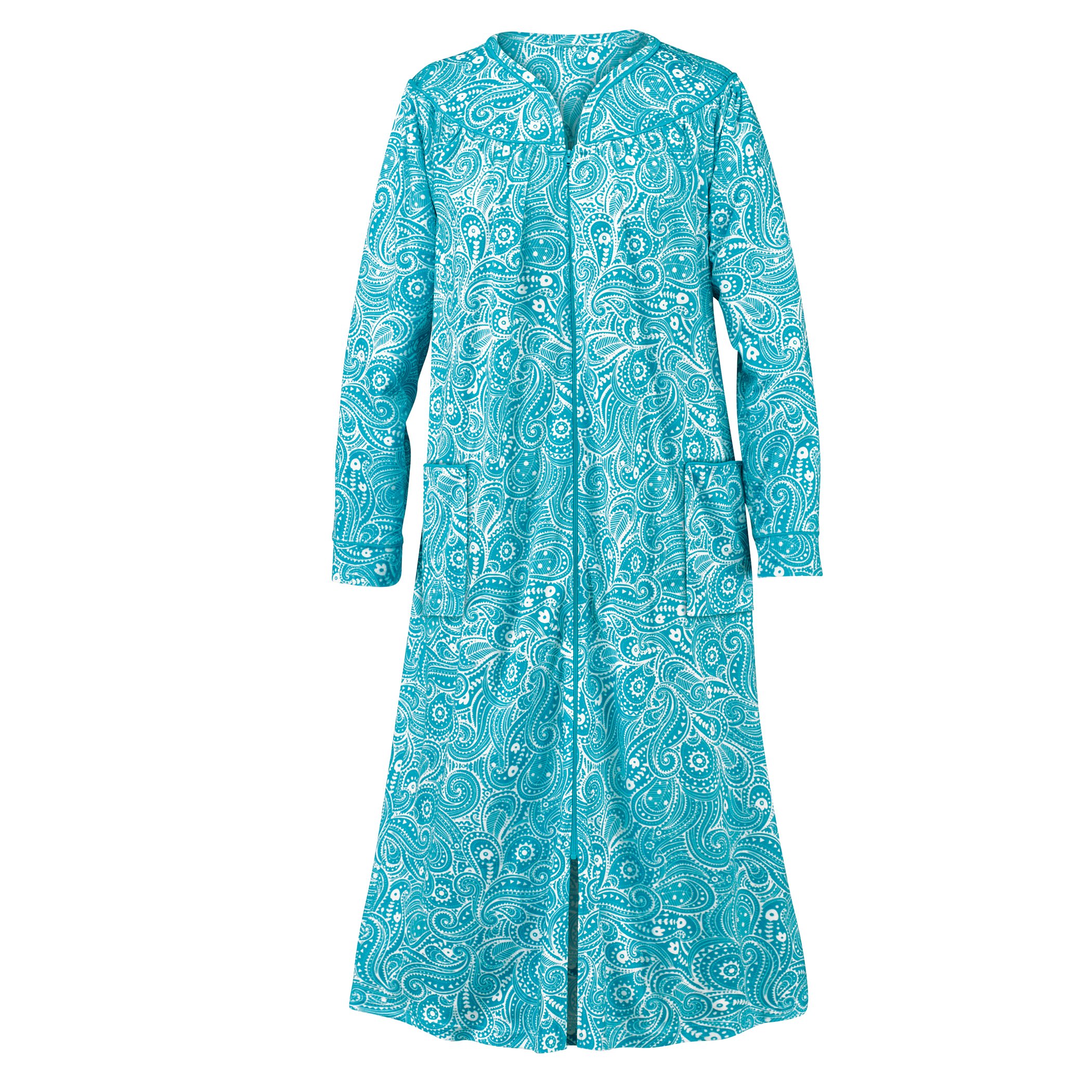 Plush Paisley Printed Zip Front Long Sleeve Robe XX-Large Women Turquoise
