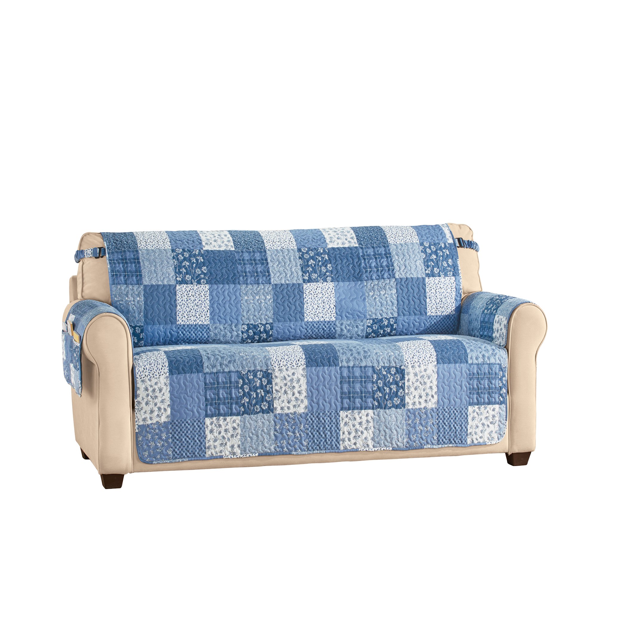 Classic Patchwork Furniture Protector with Armrest Pocket Loveseat Blue Multi