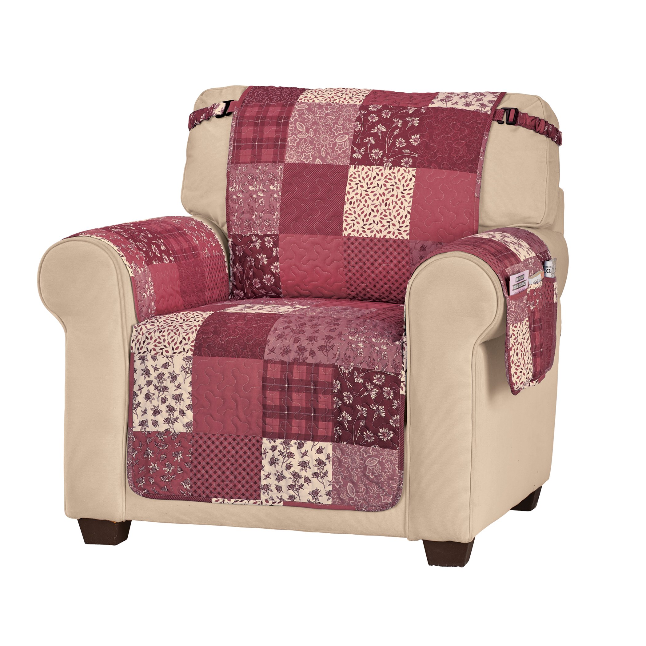 Classic Patchwork Furniture Protector with Armrest Pocket Chair Burgundy Multi