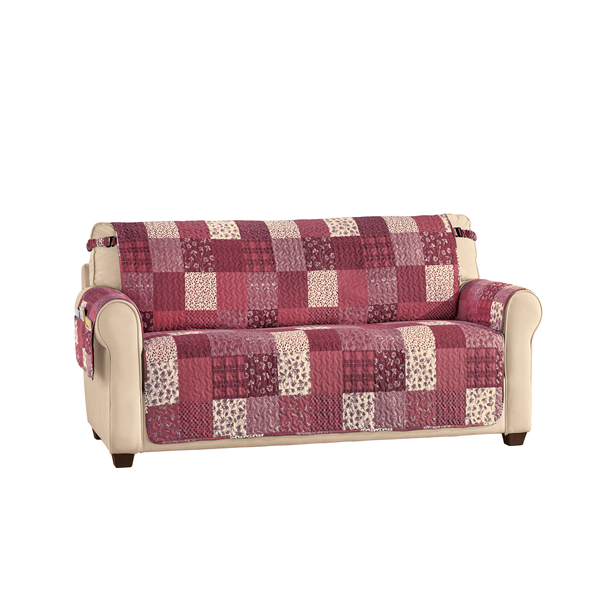 Classic Patchwork Furniture Protector with Armrest Pocket Loveseat Burgundy Multi
