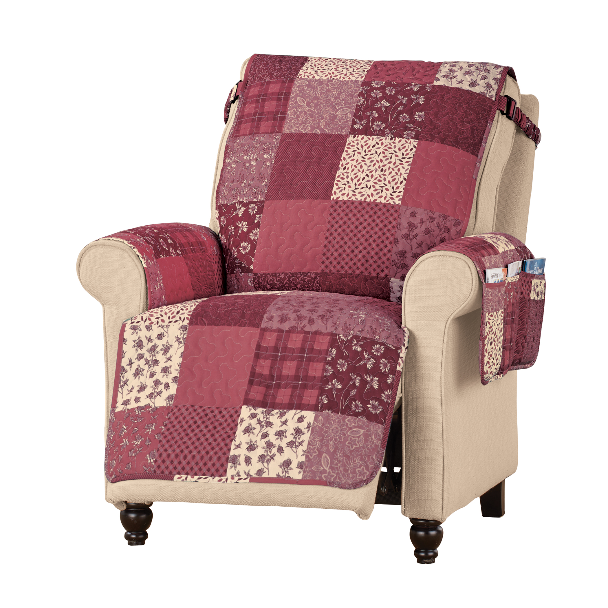 Classic Patchwork Furniture Protector with Armrest Pocket Recliner Burgundy Multi