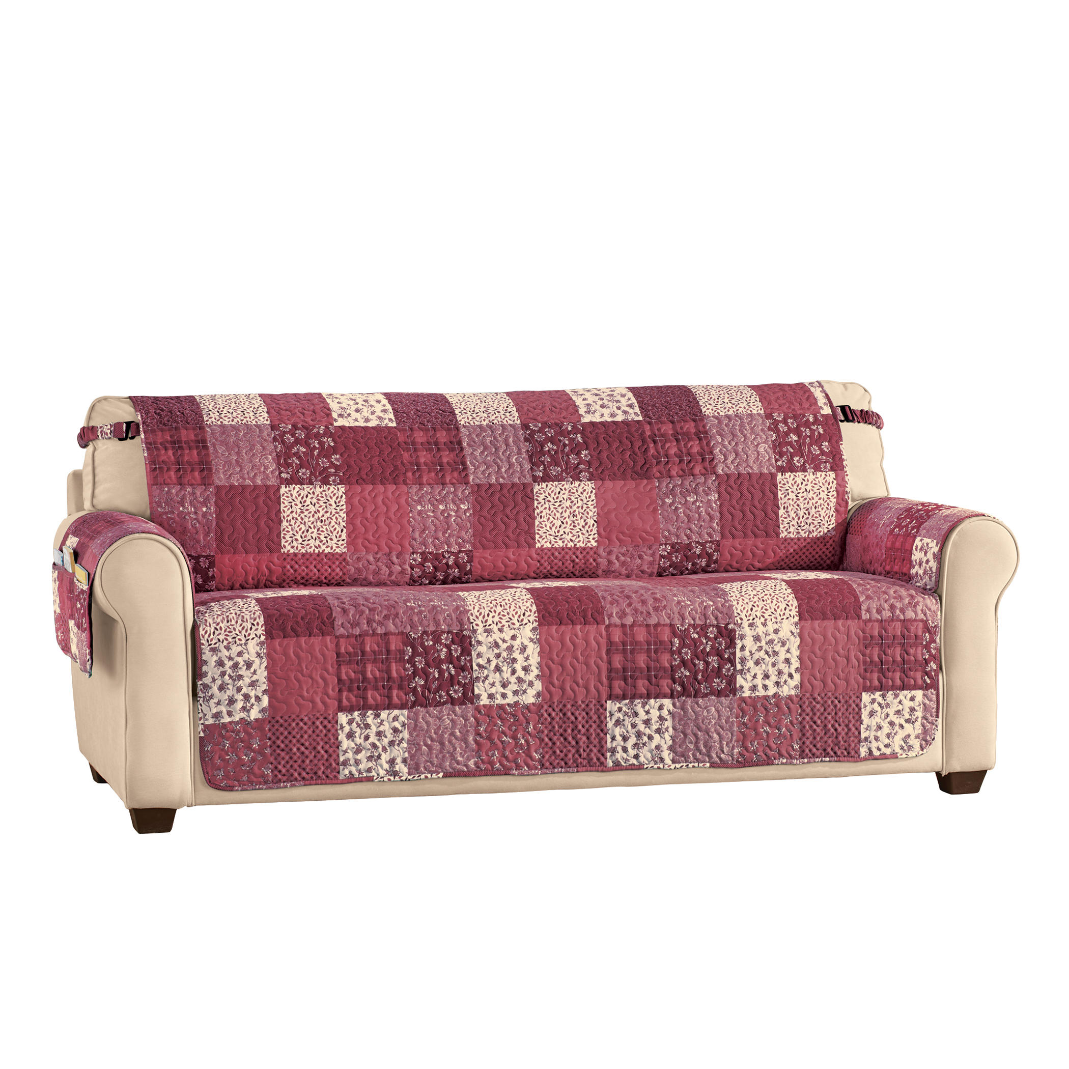 Classic Patchwork Furniture Protector with Armrest Pocket Sofa Burgundy Multi