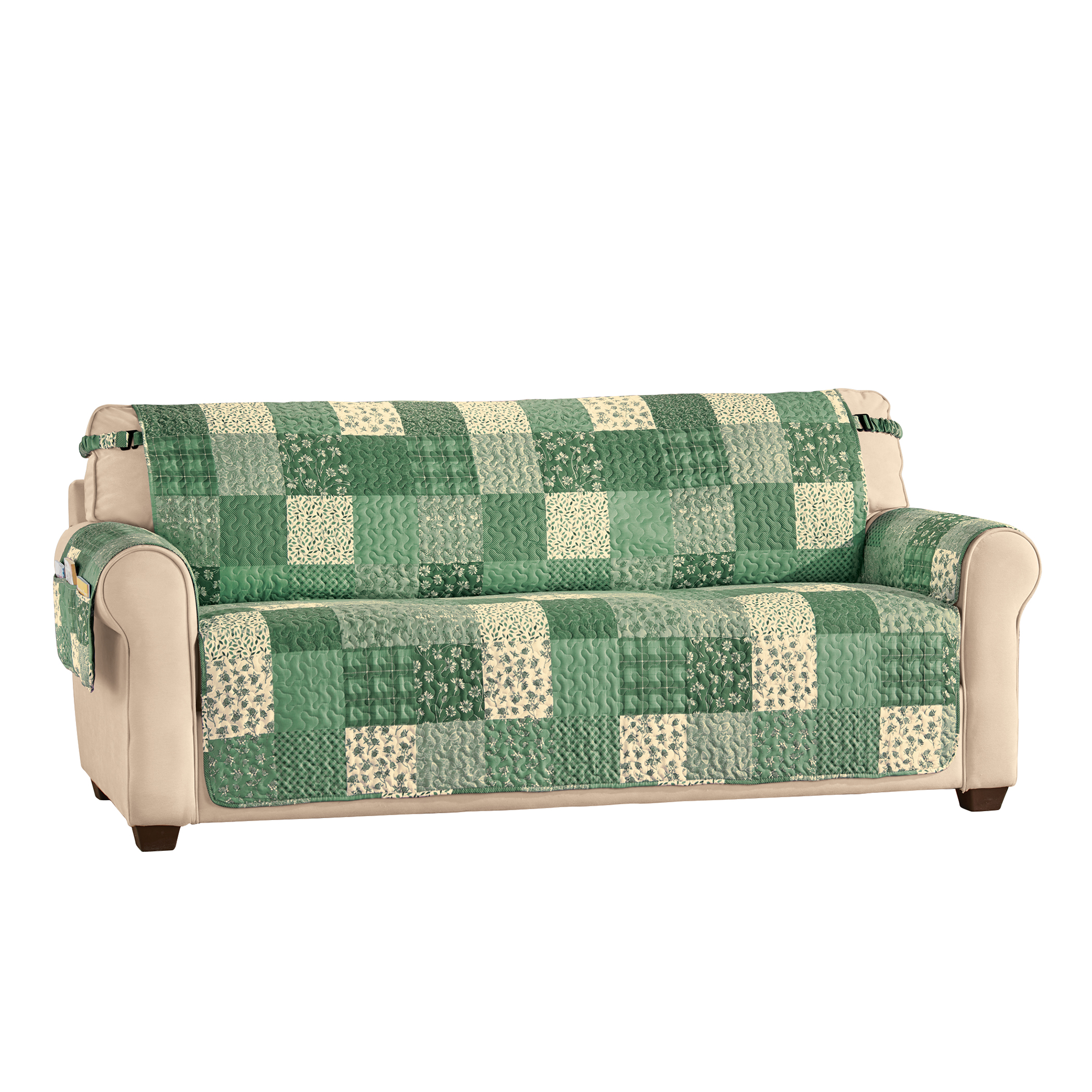 Classic Patchwork Furniture Protector with Armrest Pocket Sofa Sage Multi