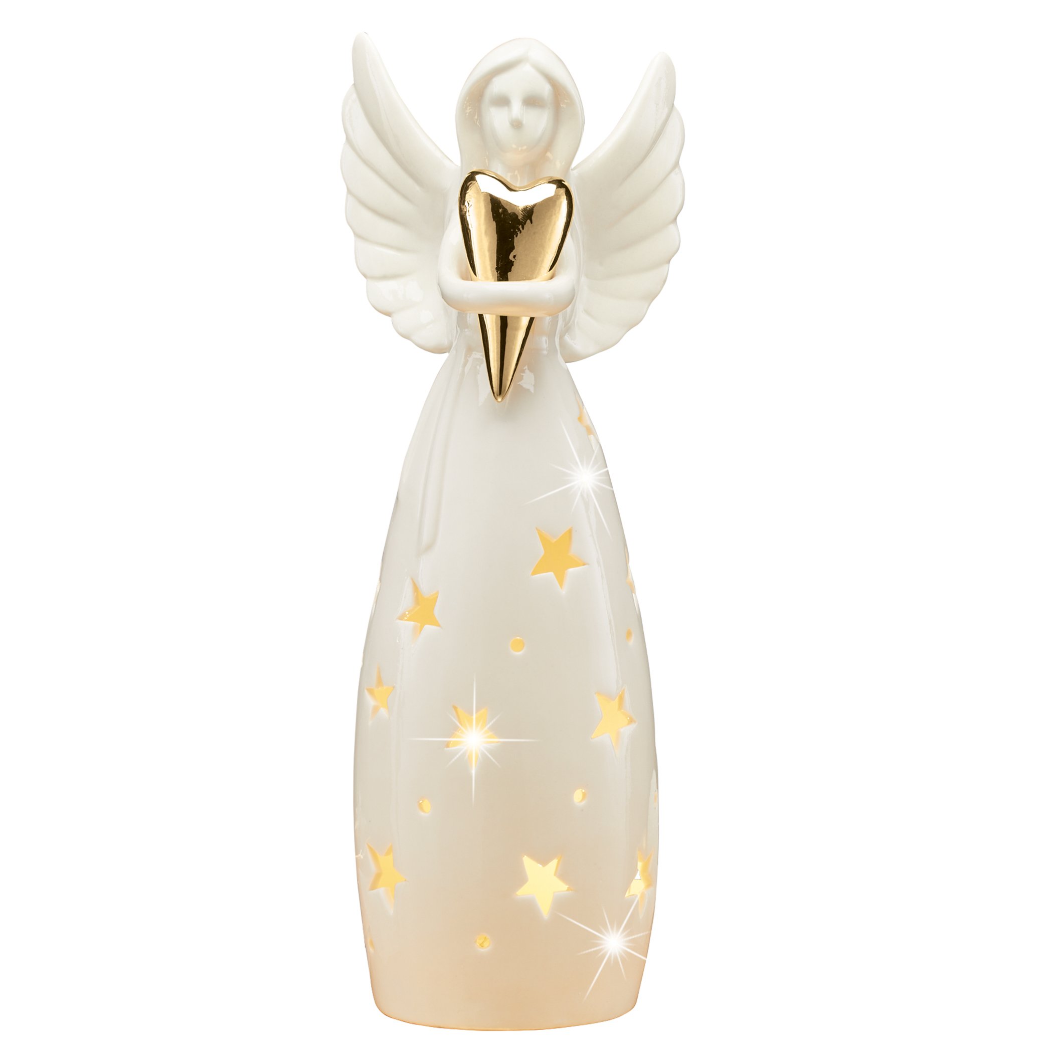 White Porcelain Star Angel Figurine with LED Lights 4 X 3.25 X 11.5 White