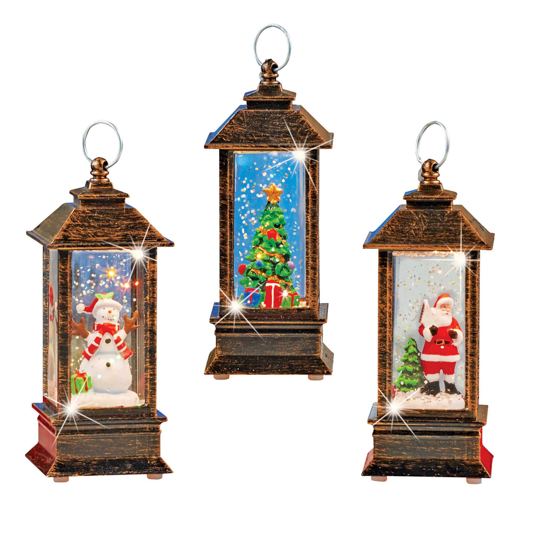 Set of 3 Holiday Tabletop Snow Globe Lanterns, Battery-Operated 2 X 2 X 5.25 Brown