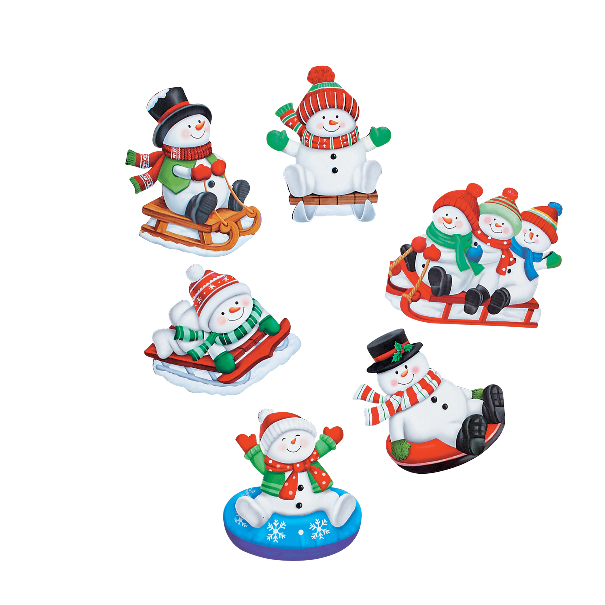 Adorable Hand-Painted Sledding Snowmen Magnets - Set of 6 White