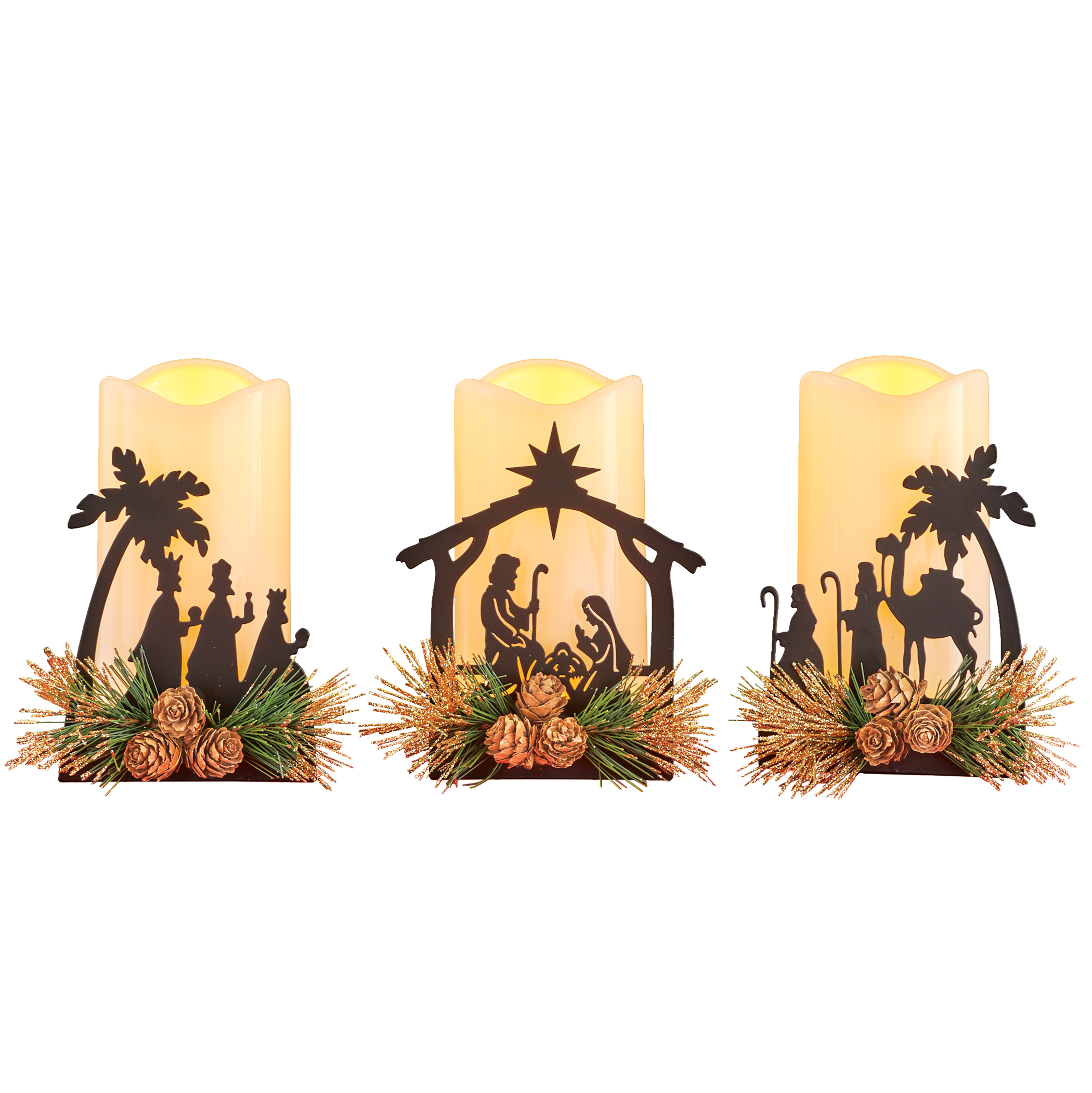 LED Lighted Nativity Flameless Battery Operated Candles - Set of 3 5 X 4.5 X 6 White