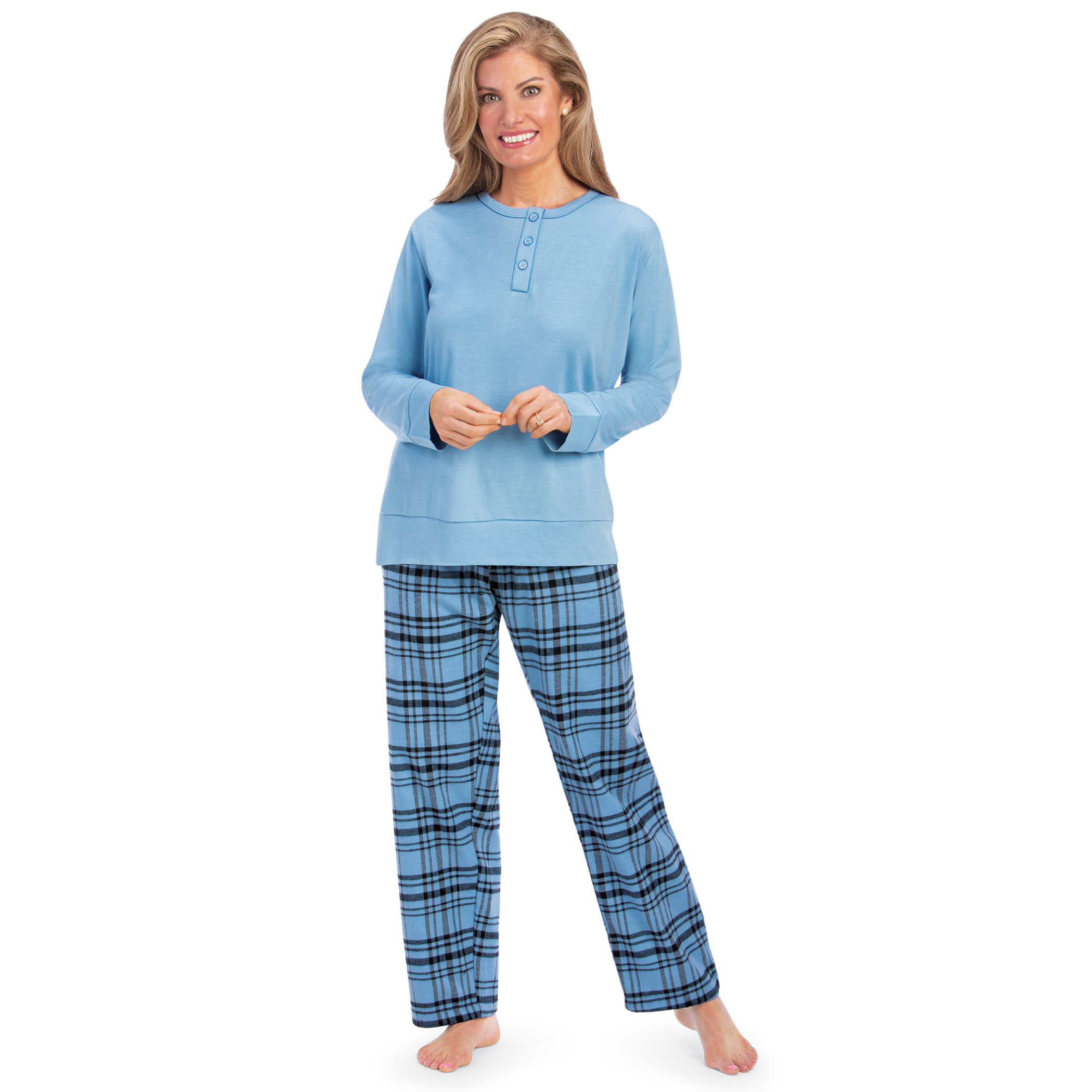 Feminine Plaid Flannel Pant Pajama Set with Long Sleeve Top Medium Women Blue