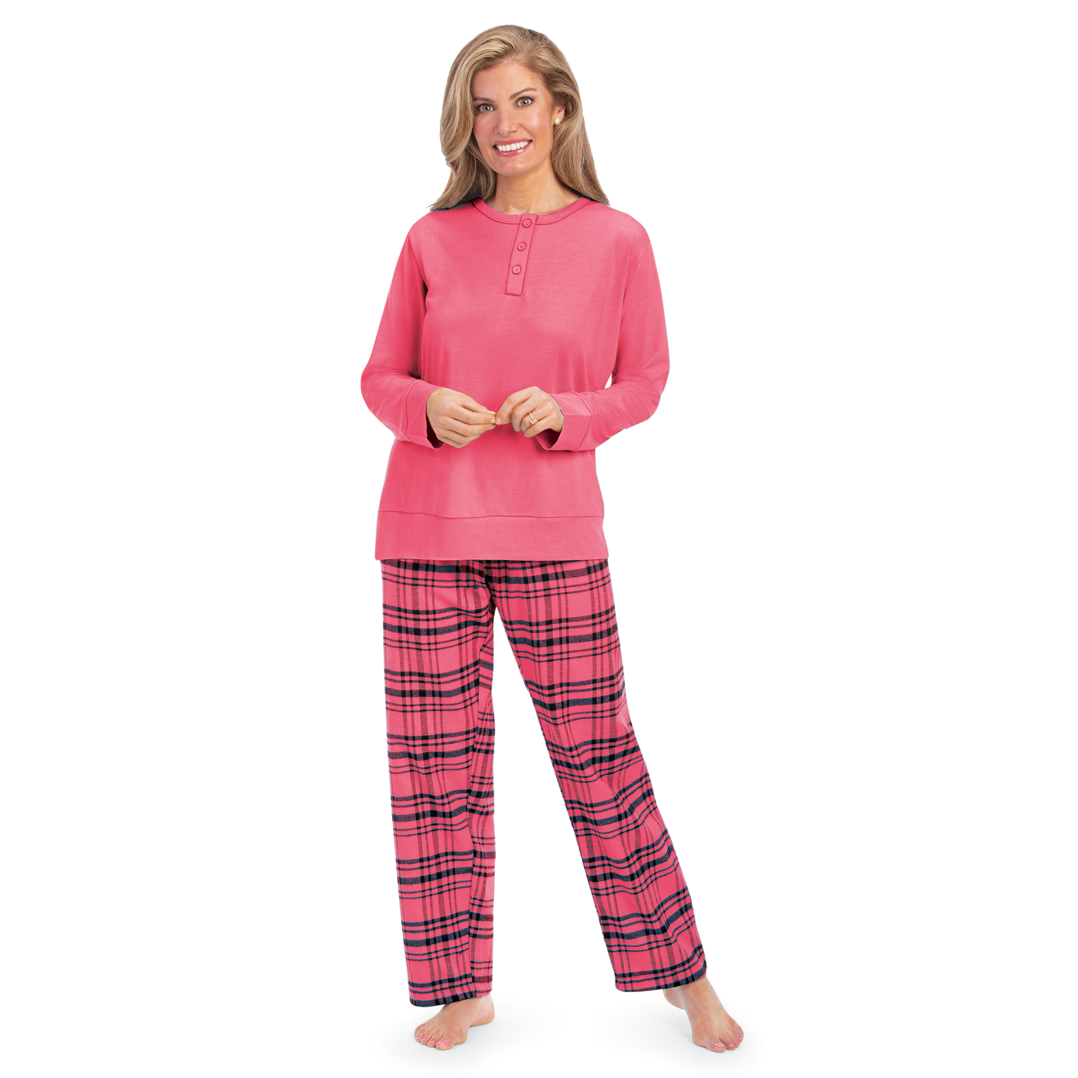Feminine Plaid Flannel Pant Pajama Set with Long Sleeve Top XX-Large Women Raspberry