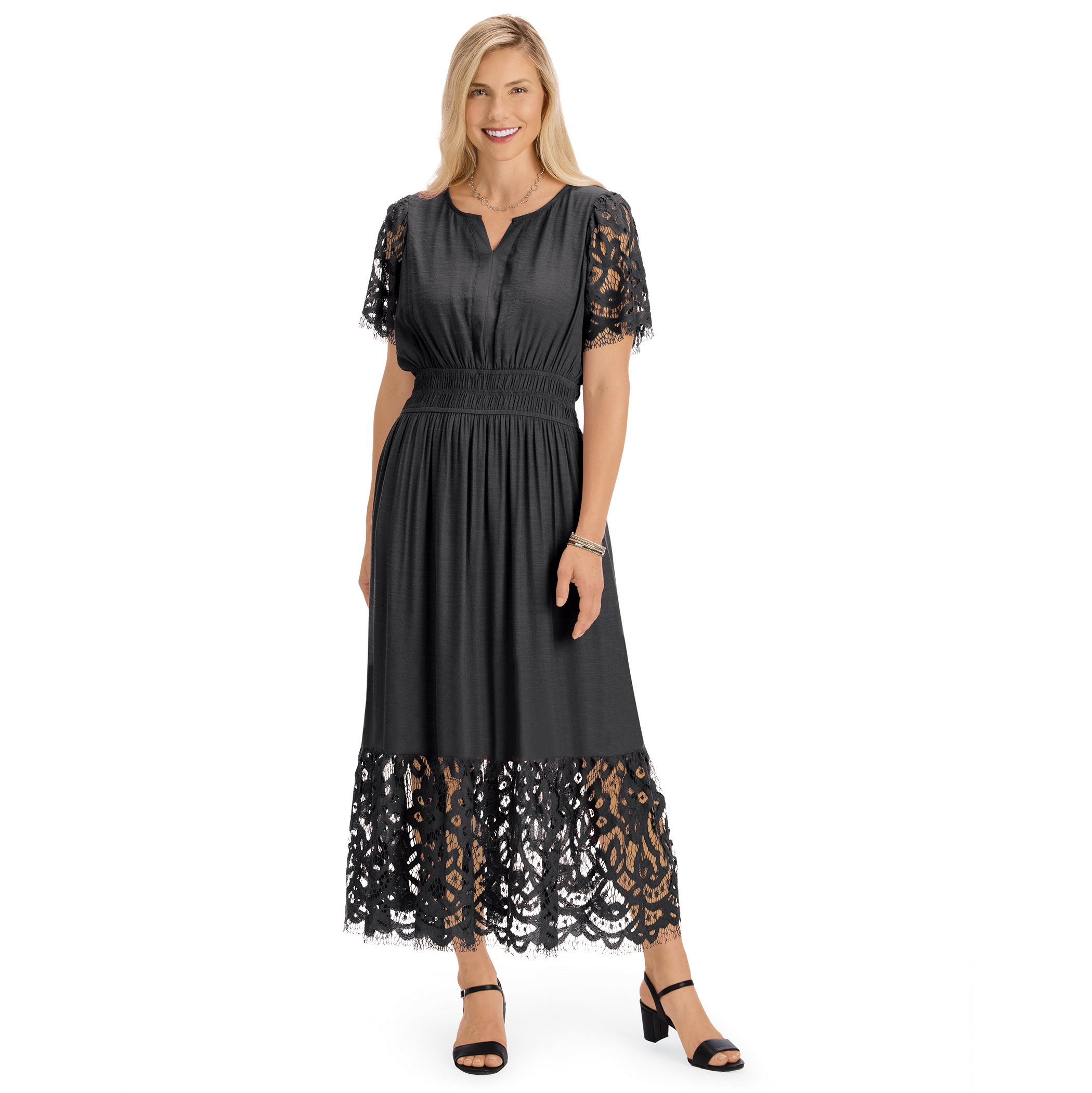 Lace Detail Sleeve & Border V-Neck Smocked Waist Dress Medium Women Black