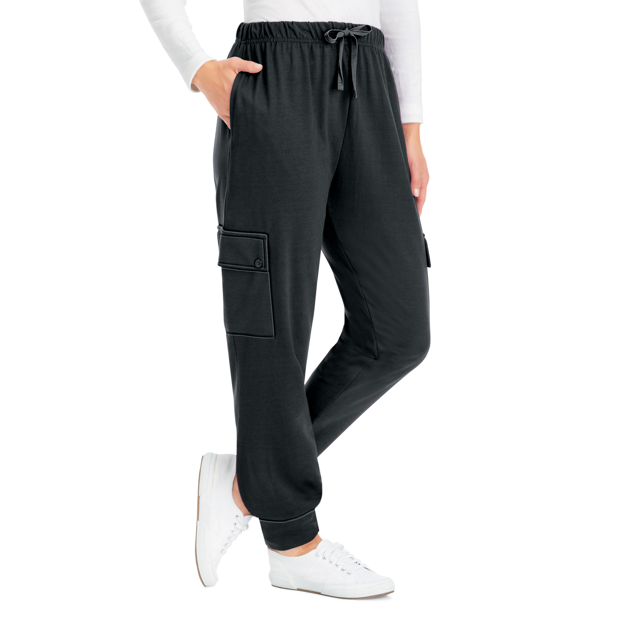 Pull-On Double Cargo-Pocket Knit Jogger Pants X-Large Womens Black