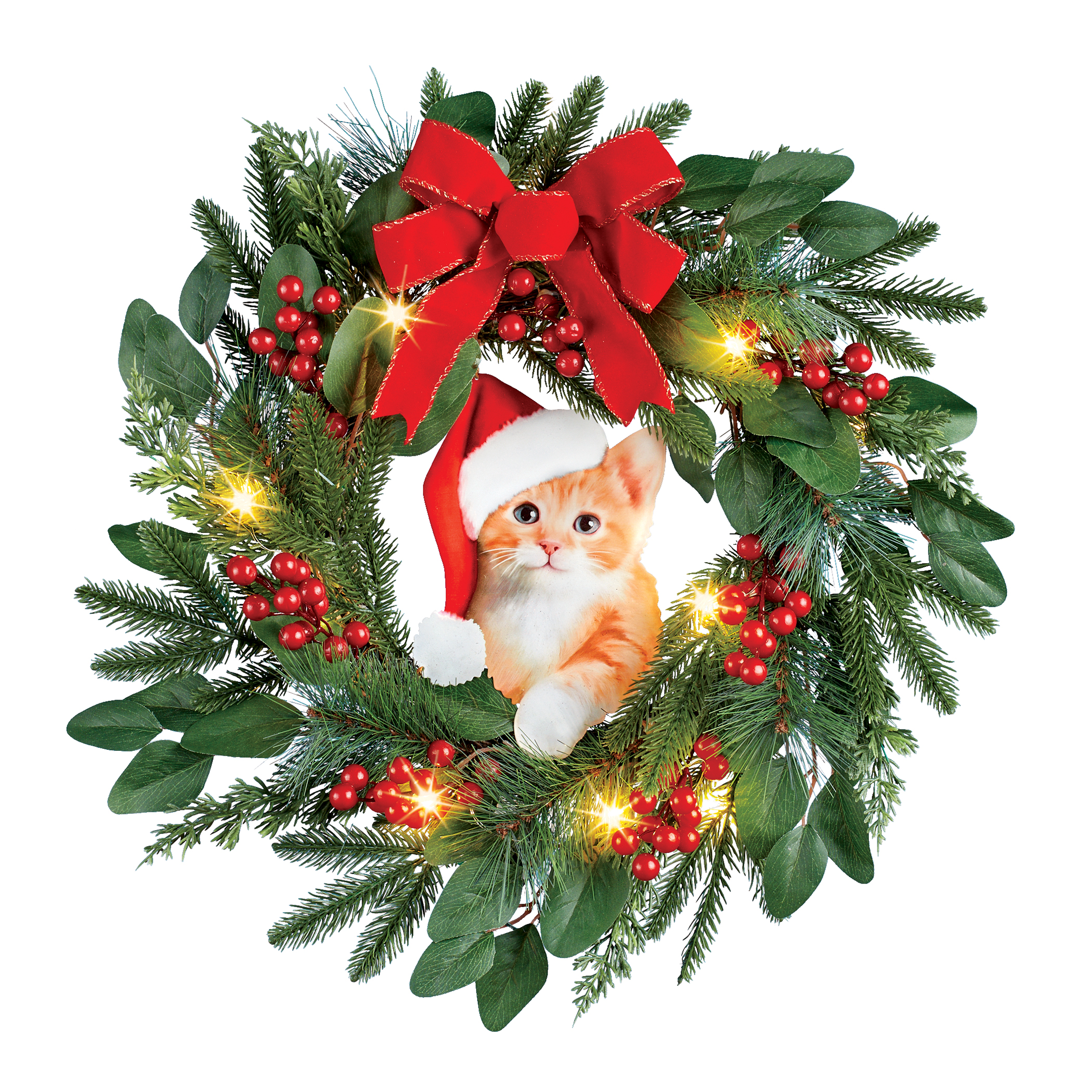 LED Lighted Santa Cat Hanging Christmas Wreath