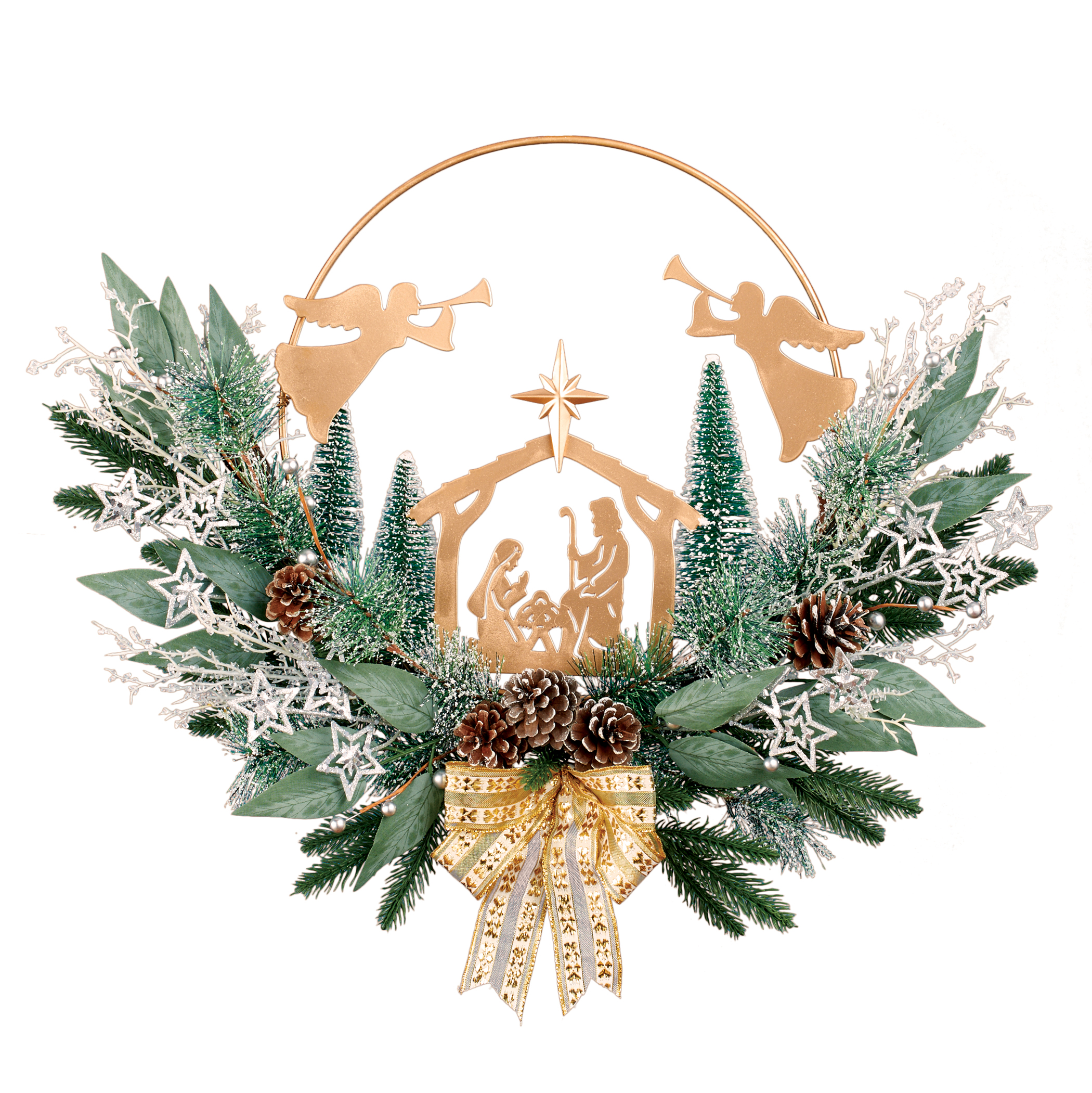 Gold-Toned Metal Nativity Hanging Festive Wreath