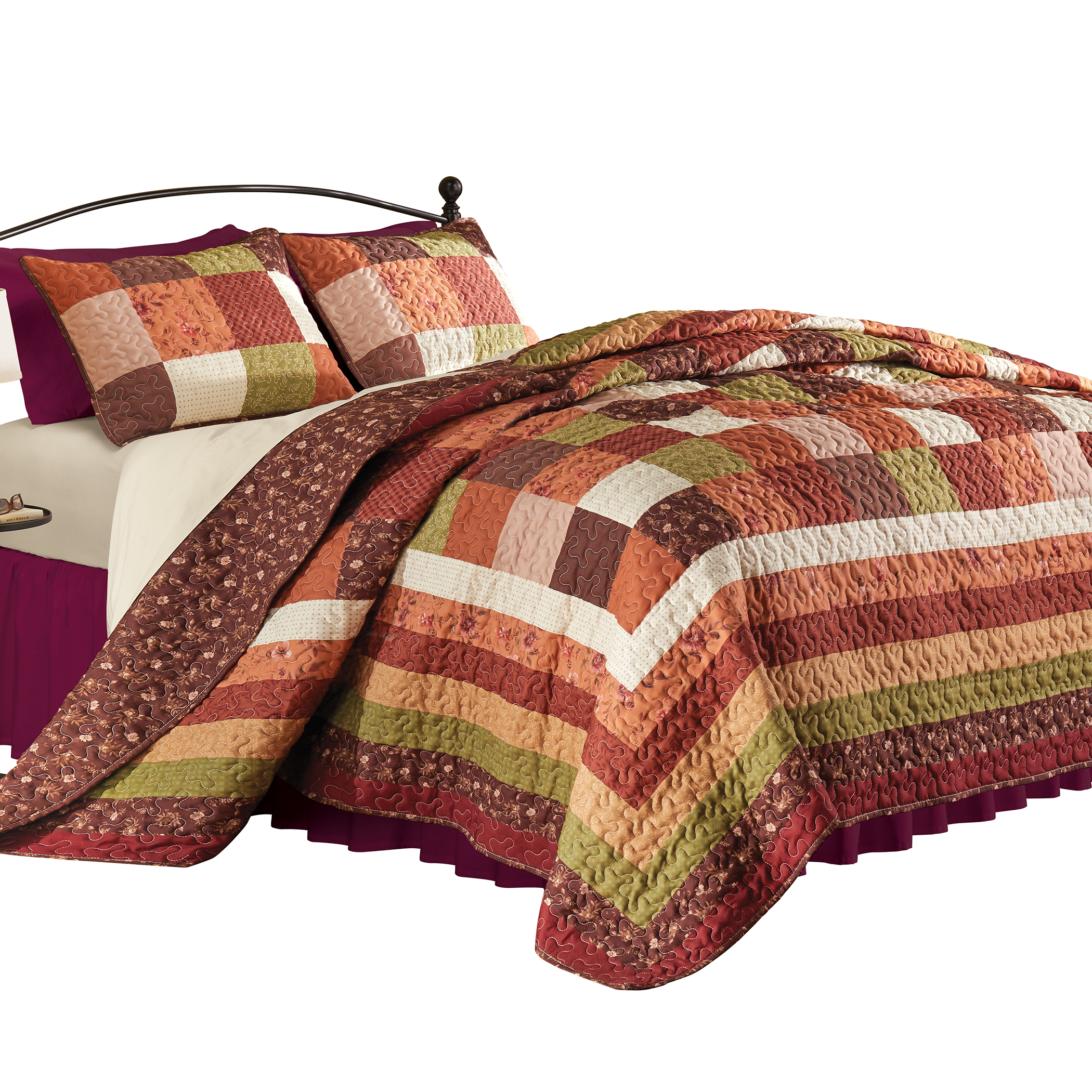 Evelyn Oversized Reversible Floral and Leaf Patchwork Quilt King Brown Multi