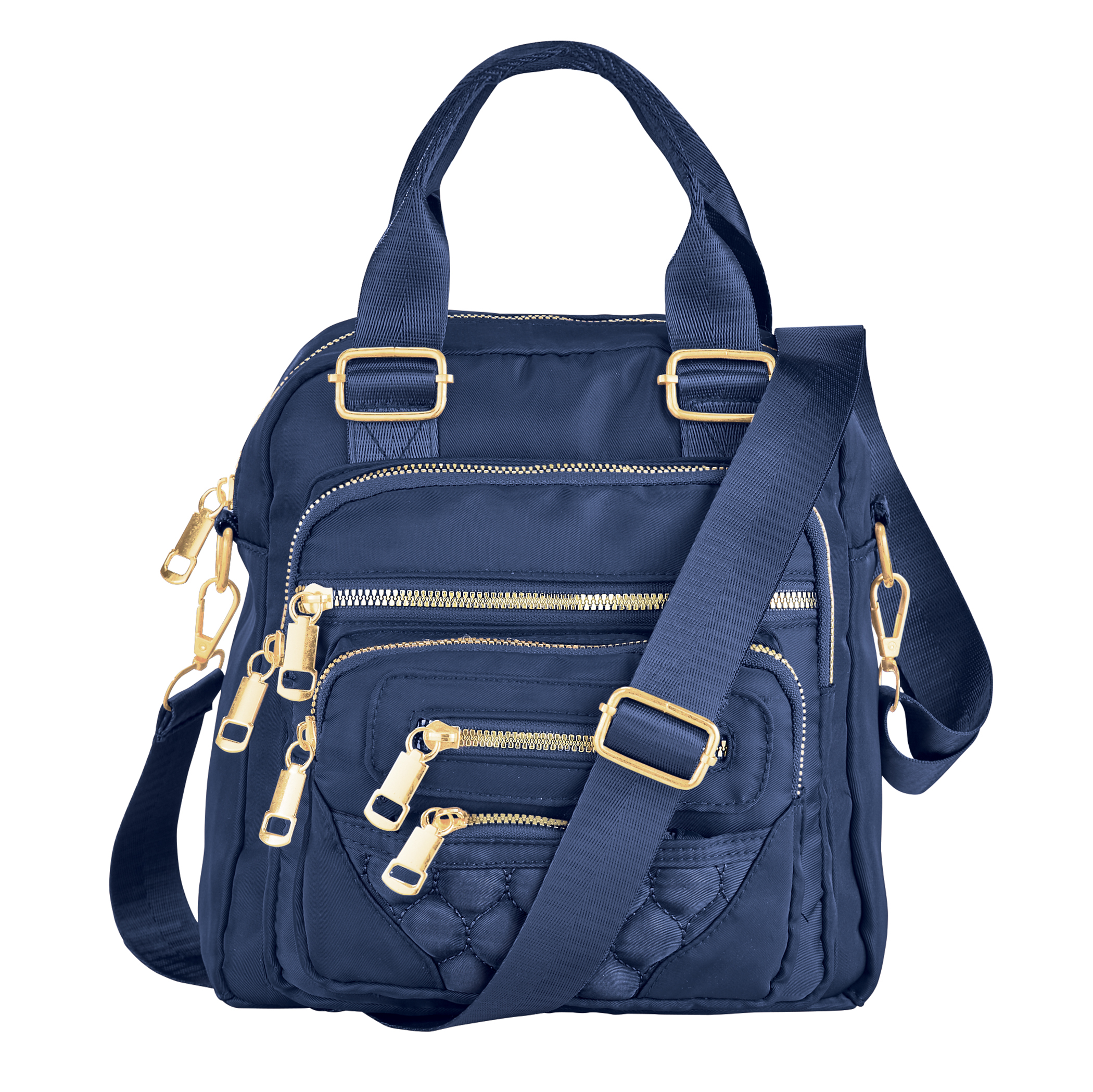 Decorative Stitched Handbag With Adjustable Shoulder or Cross-Body Strap Navy
