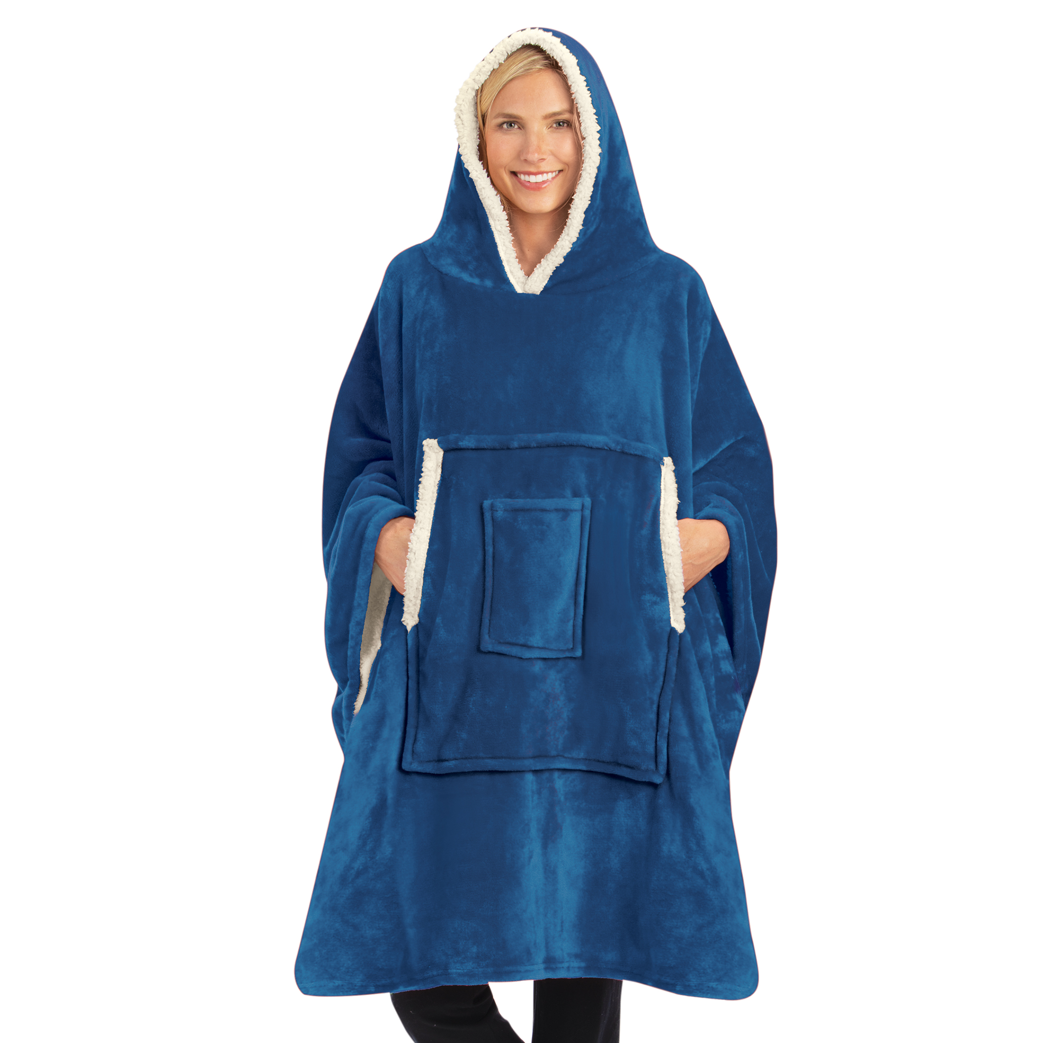 Soft & Cozy Oversized Fleece Blanket Poncho with Cell Phone Pocket Blue