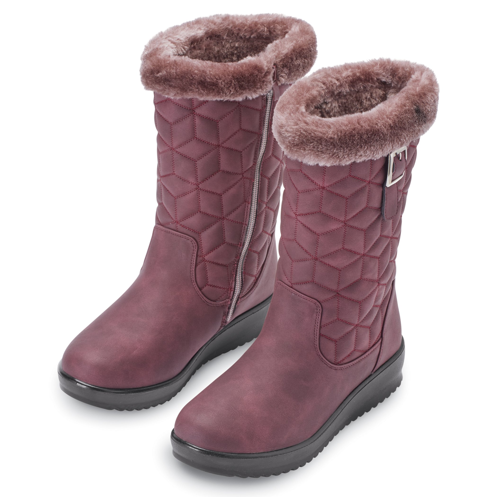 靴 Belted design fur bootees Stylish Faux Fur Trimmed Decorative Buckle Quilted Zippered