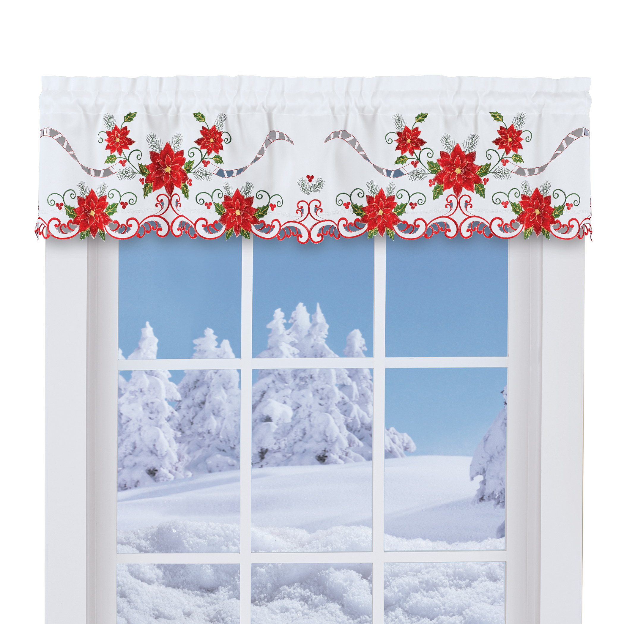 Exquisite Holiday Poinsettia Embroidered Curtains with Rod-Pocket Top Valance