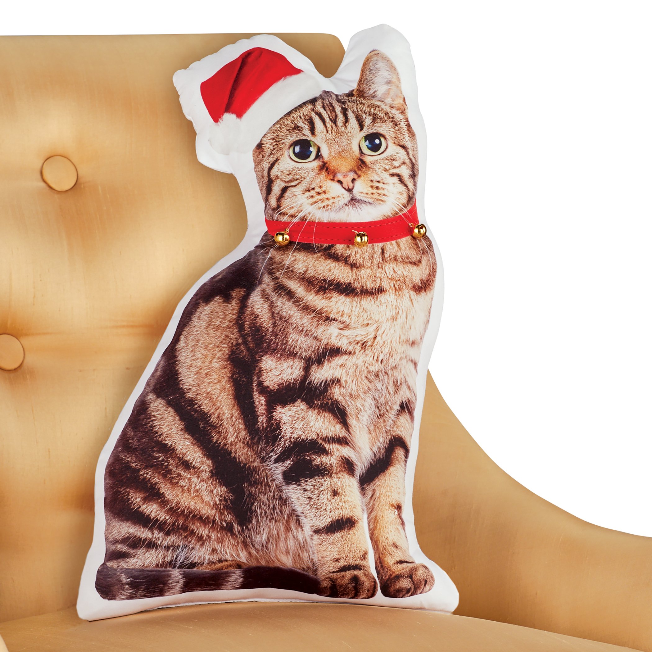 Holiday Cat Shaped Accent Pillow with Jingle Bell Collar Brown