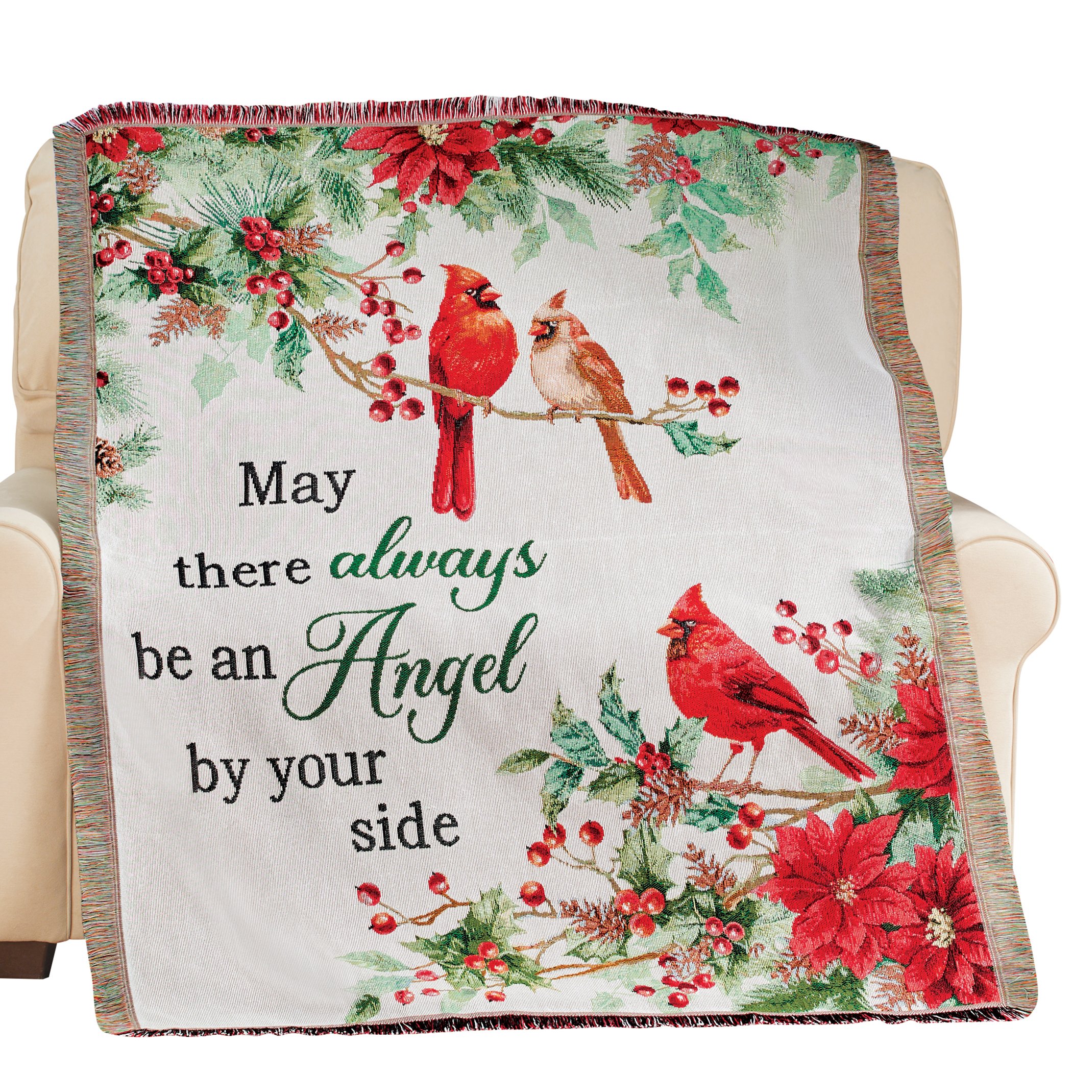 Angel by Your Side Cardinal Poinsettia Fringe Border Tapestry Throw White